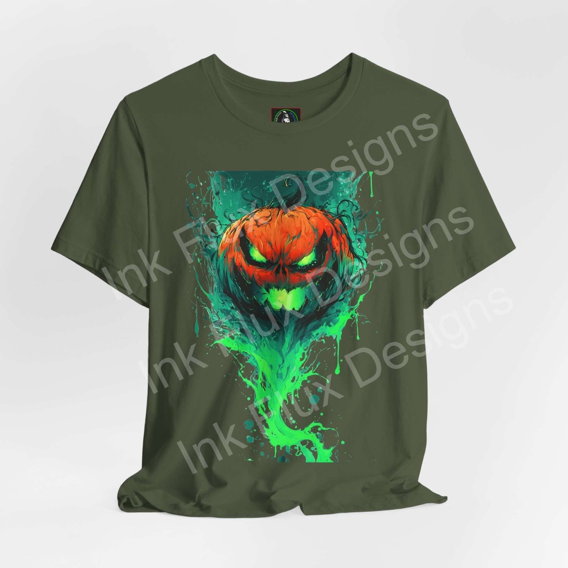 Ink Flux Jack o Lantern 2025 04 unisex graphic T-shirt featuring a vibrant pumpkin design on a green background.