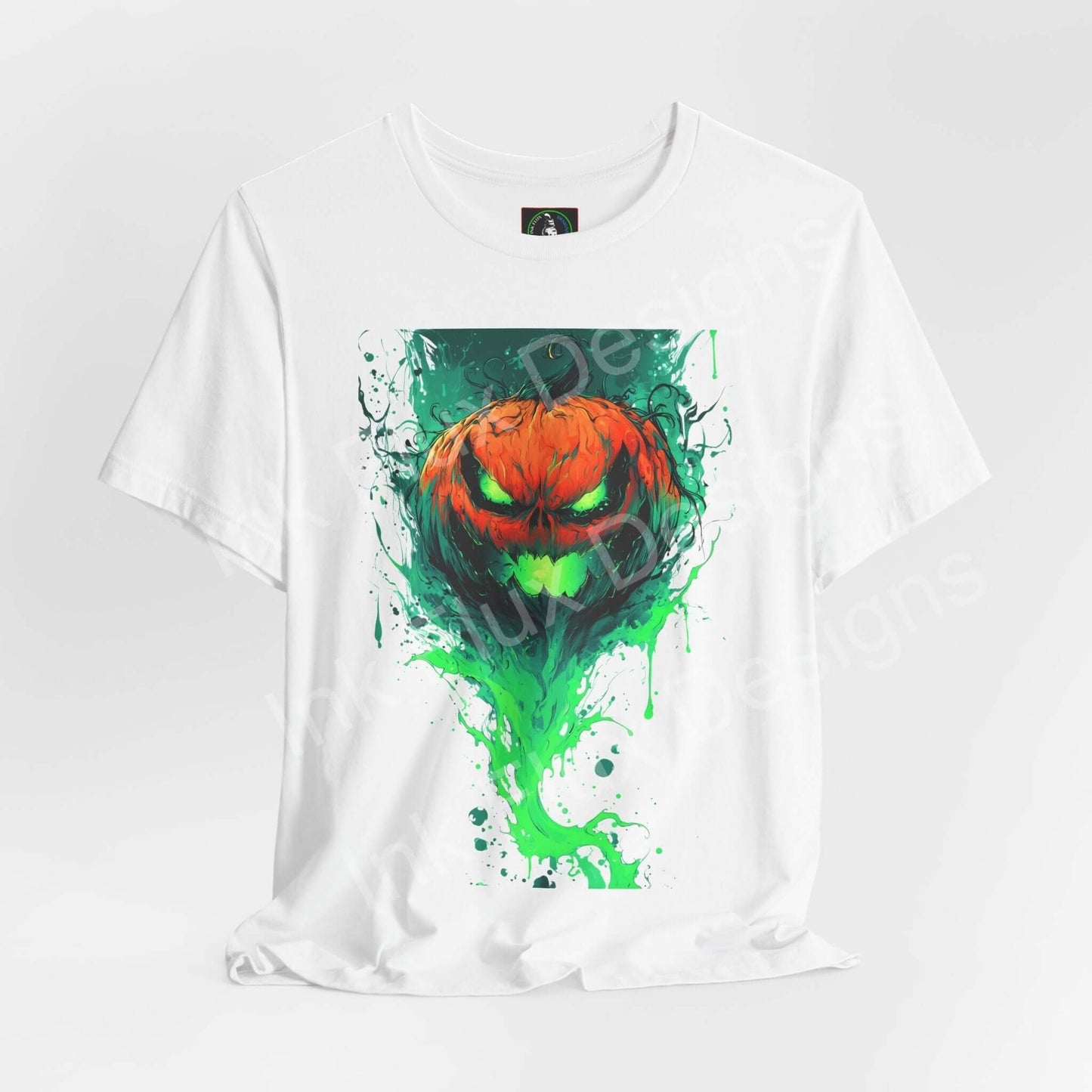 Ink Flux Jack o Lantern 2025 04 graphic unisex T-shirt featuring a vibrant pumpkin design on a white tee.