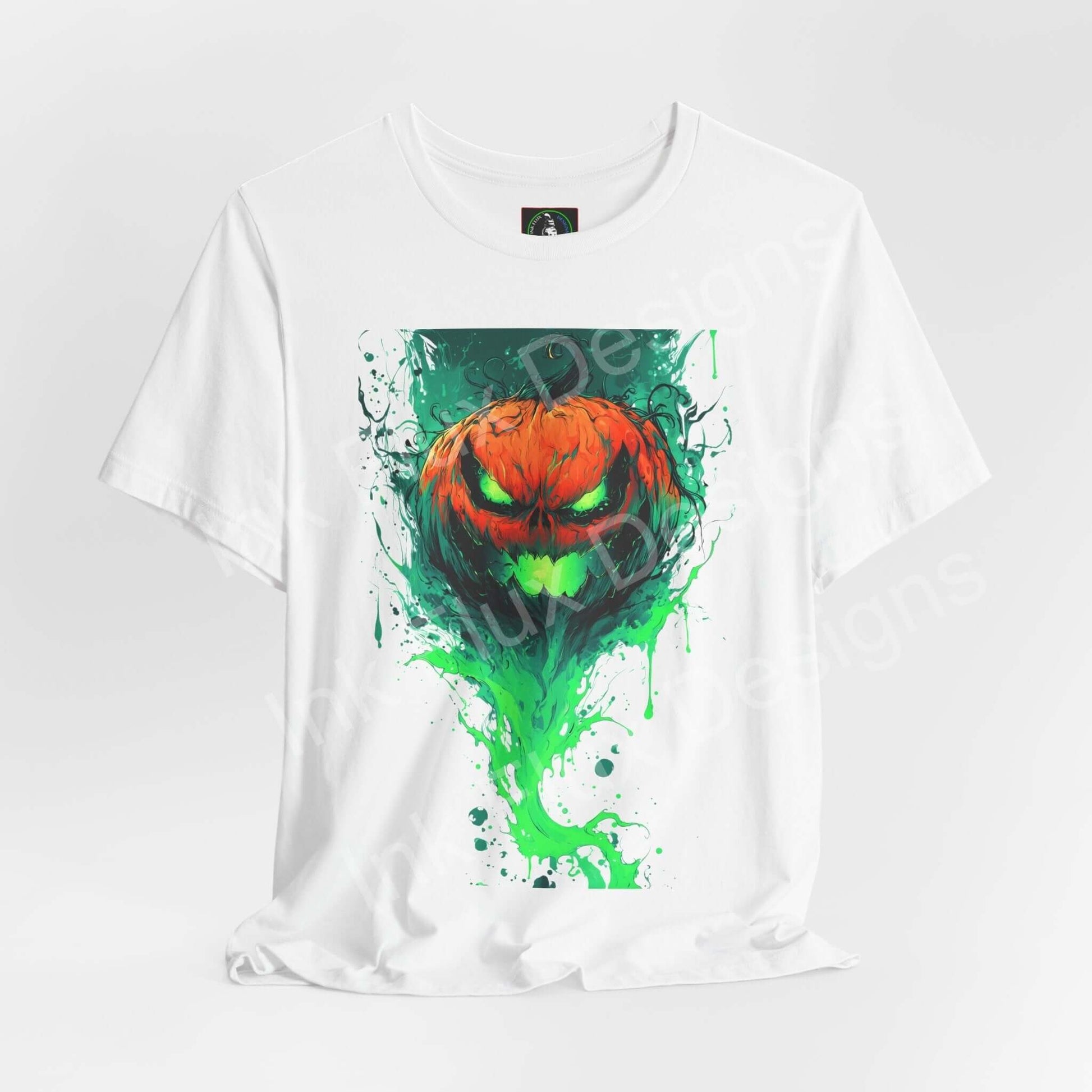 Ink Flux Jack o Lantern 2025 04 graphic unisex T-shirt featuring a vibrant pumpkin design on a white tee.