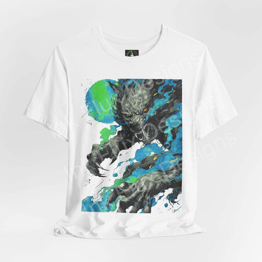 Ink Flux Werewolf 01 graphic T-shirt featuring a dynamic werewolf design in vibrant colors.