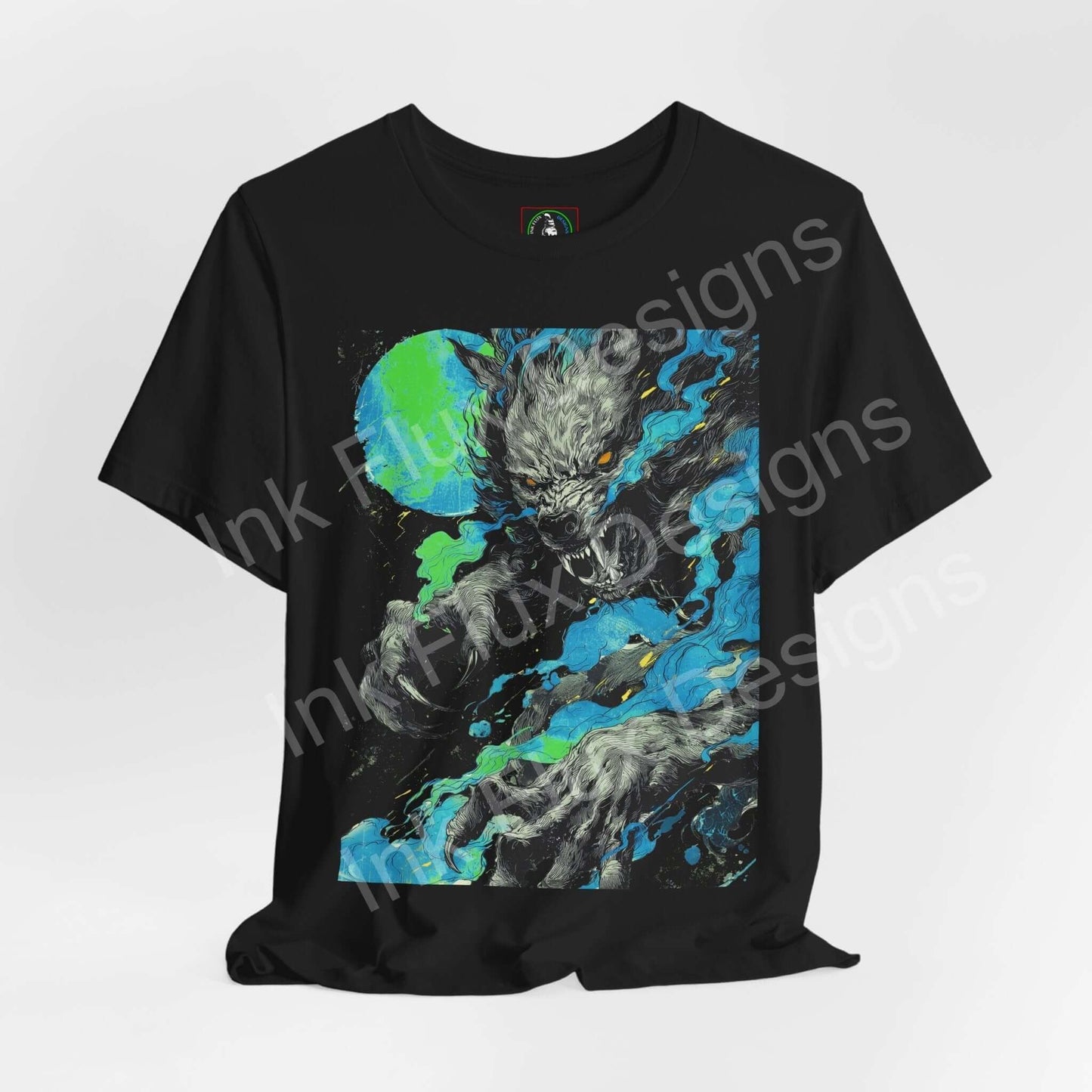 Ink Flux Werewolf 01 graphic T-shirt featuring vibrant design on a black tee, perfect for everyday wear.