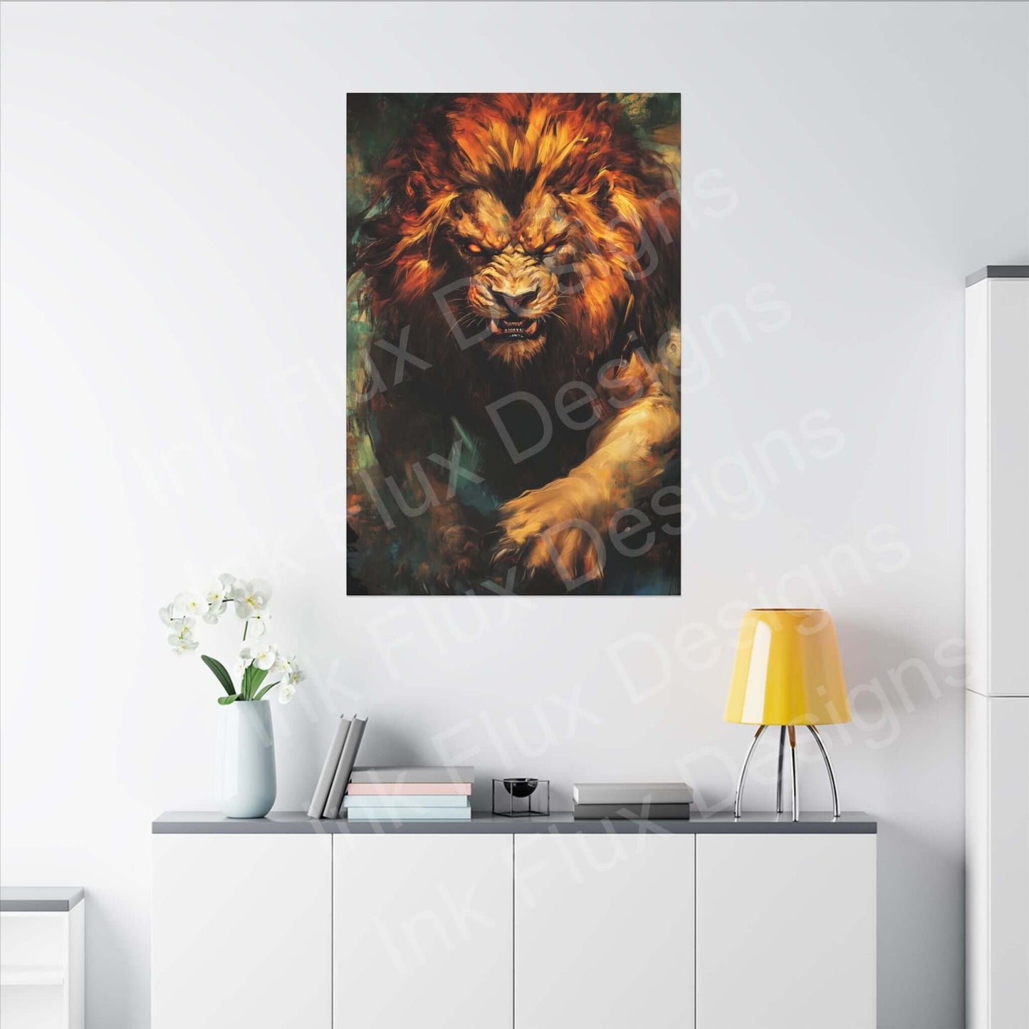 Lion Fury III Matte Canvas artwork by Ink Flux Designs displayed in a modern interior decor setting.