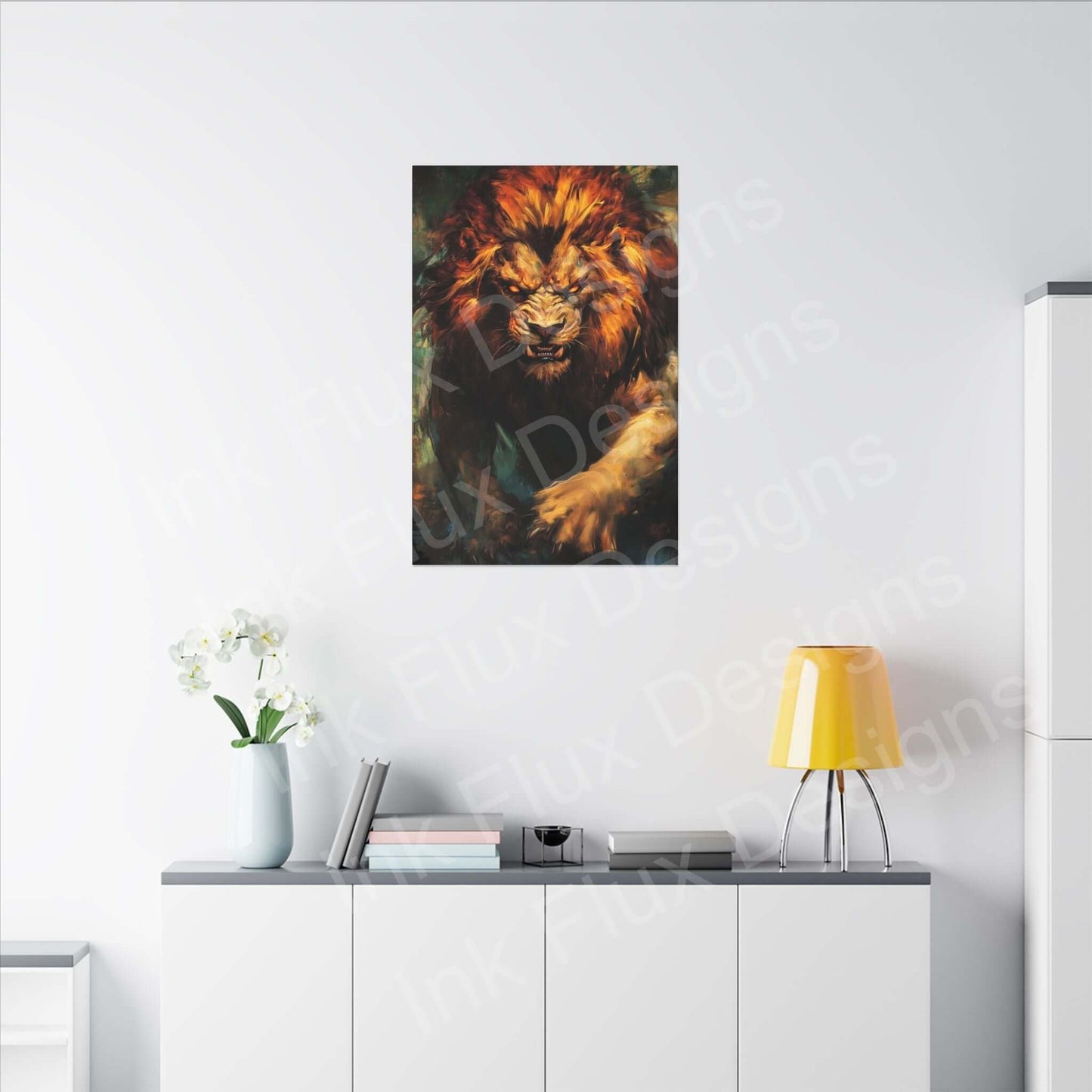 Lion Fury III Matte Canvas artwork by Ink Flux Designs, elegantly displayed in a modern interior with a decorative lamp.