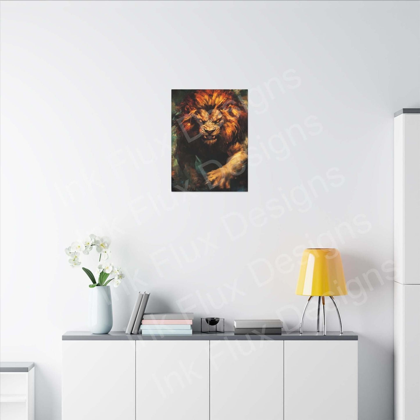 Lion Fury III Matte Canvas by Ink Flux Designs displayed on a modern wall, complementing stylish decor.