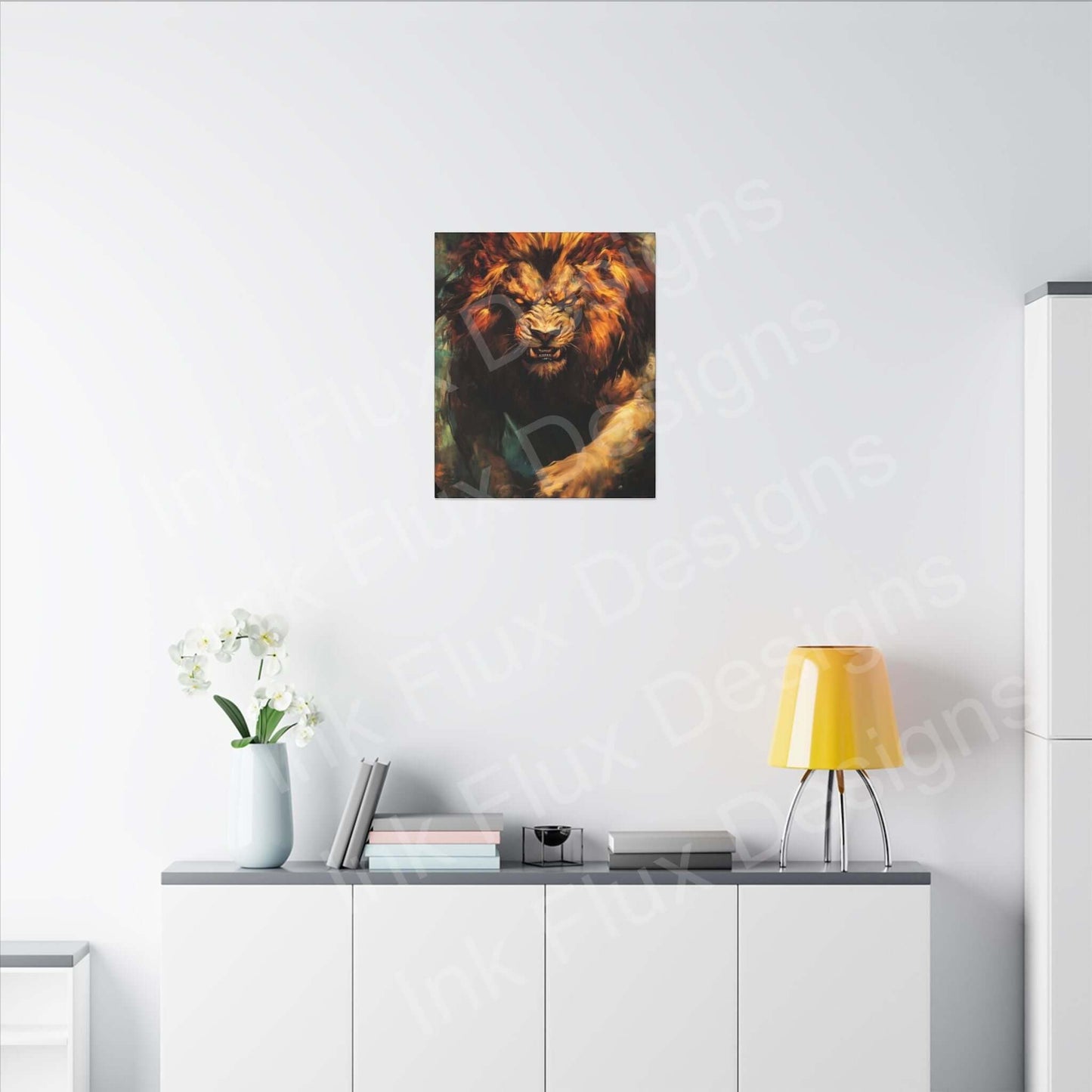 Lion Fury III Matte Canvas by Ink Flux Designs, showcased in a stylish interior setting.
