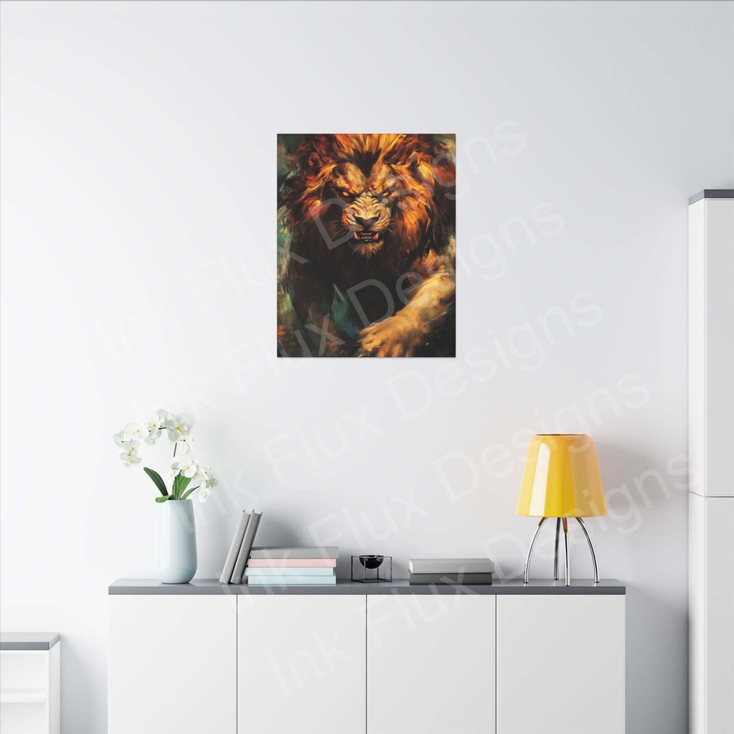 Lion Fury III Matte Canvas by Ink Flux Designs displayed in modern home interior, showcasing vibrant artwork.