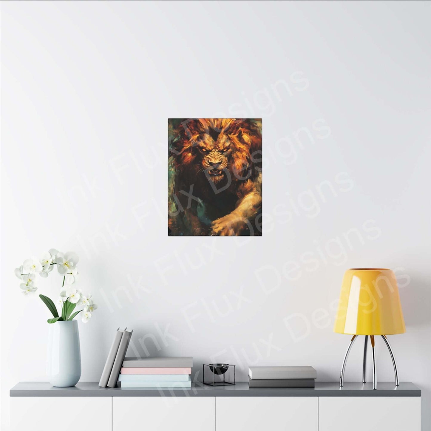 Lion Fury III matte canvas art featuring an expressive lion, elegantly displayed in a modern interior by Ink Flux Designs.