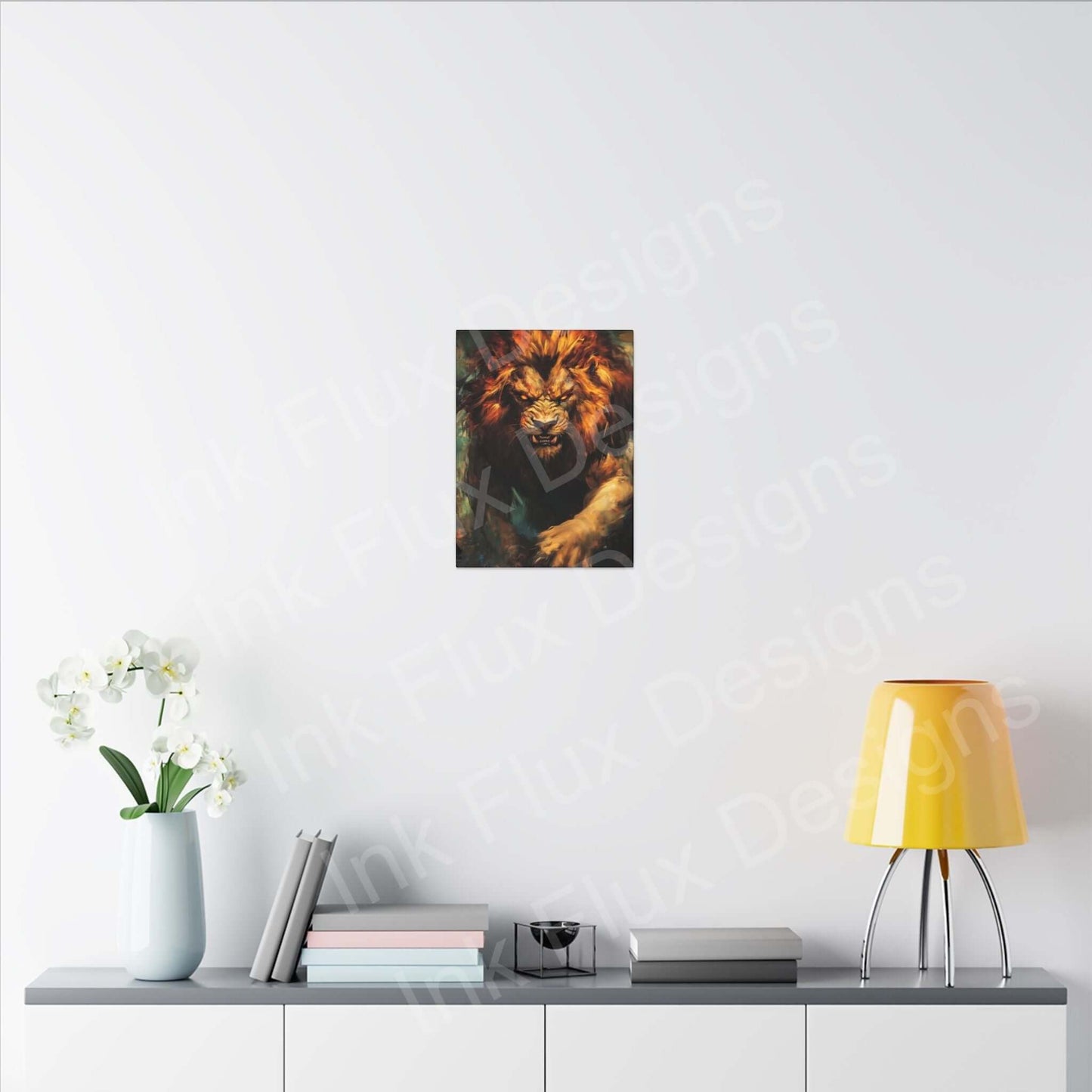 Lion Fury III Matte Canvas artwork displayed on a wall with flowers and a lamp, by Ink Flux Designs.
