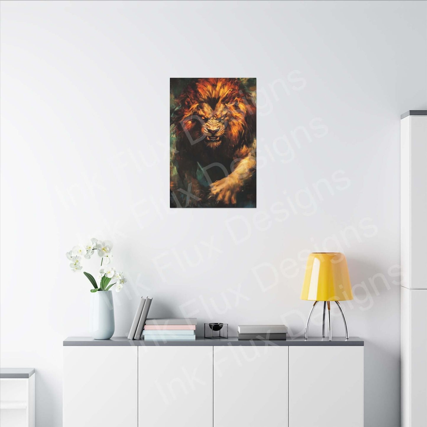 Lion Fury III Matte Canvas artwork displayed on a modern wall, featuring vibrant lion design by Ink Flux Designs.