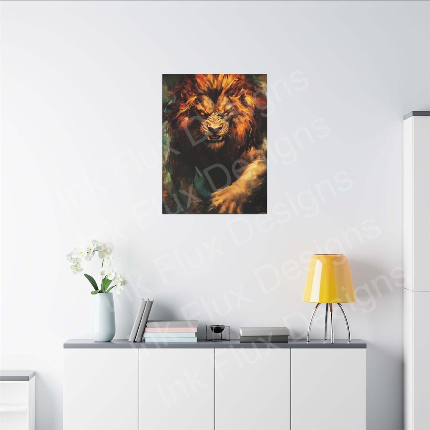 Lion Fury III Matte Canvas in modern living space by Ink Flux Designs, showcasing a fierce lion on a wall.