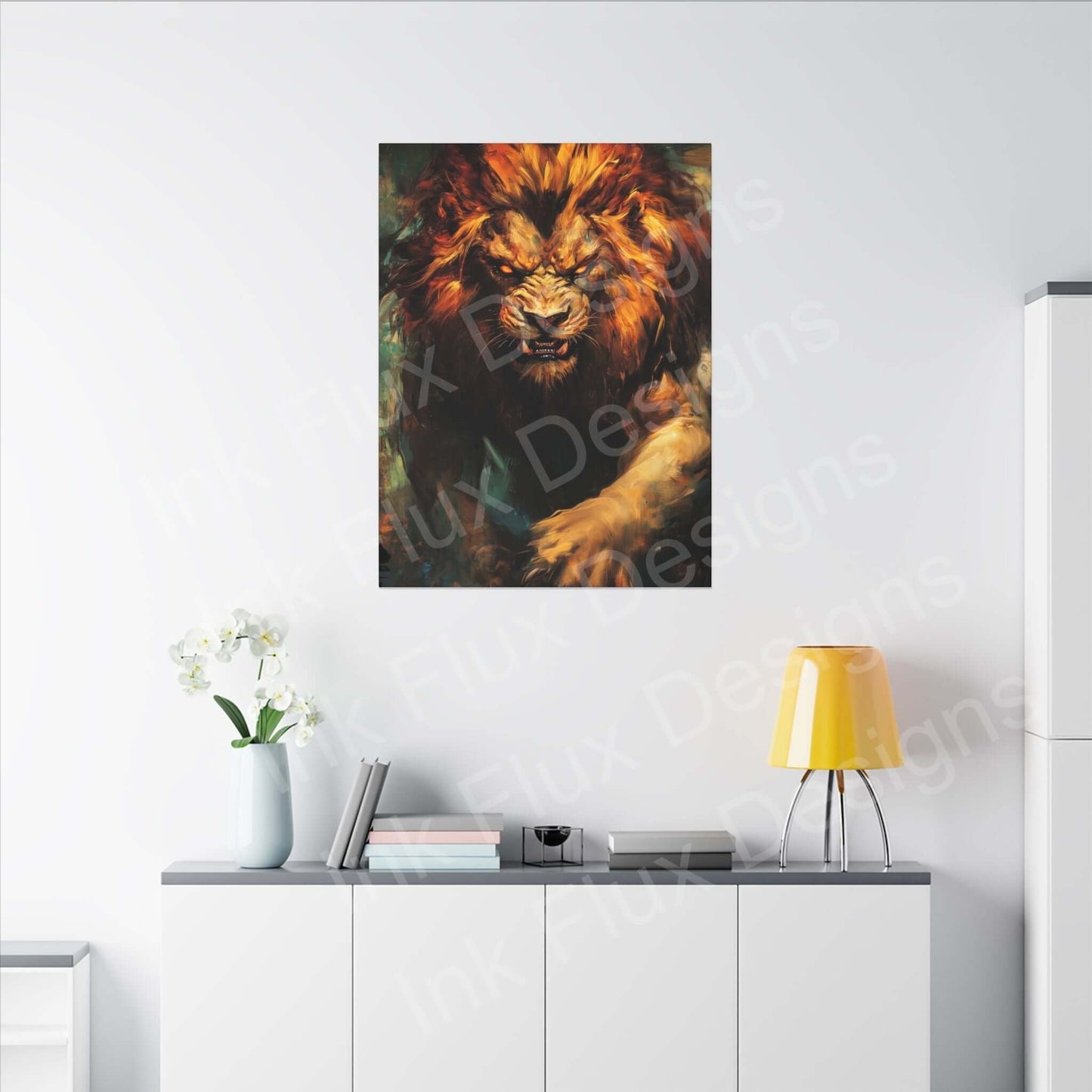 Lion Fury III Matte Canvas artwork displayed in a modern interior by Ink Flux Designs.