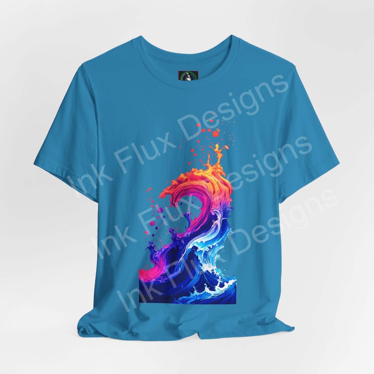 Liquid Heatwave unisex jersey T-shirt by Ink Flux Designs featuring vibrant ocean wave art on a blue background.