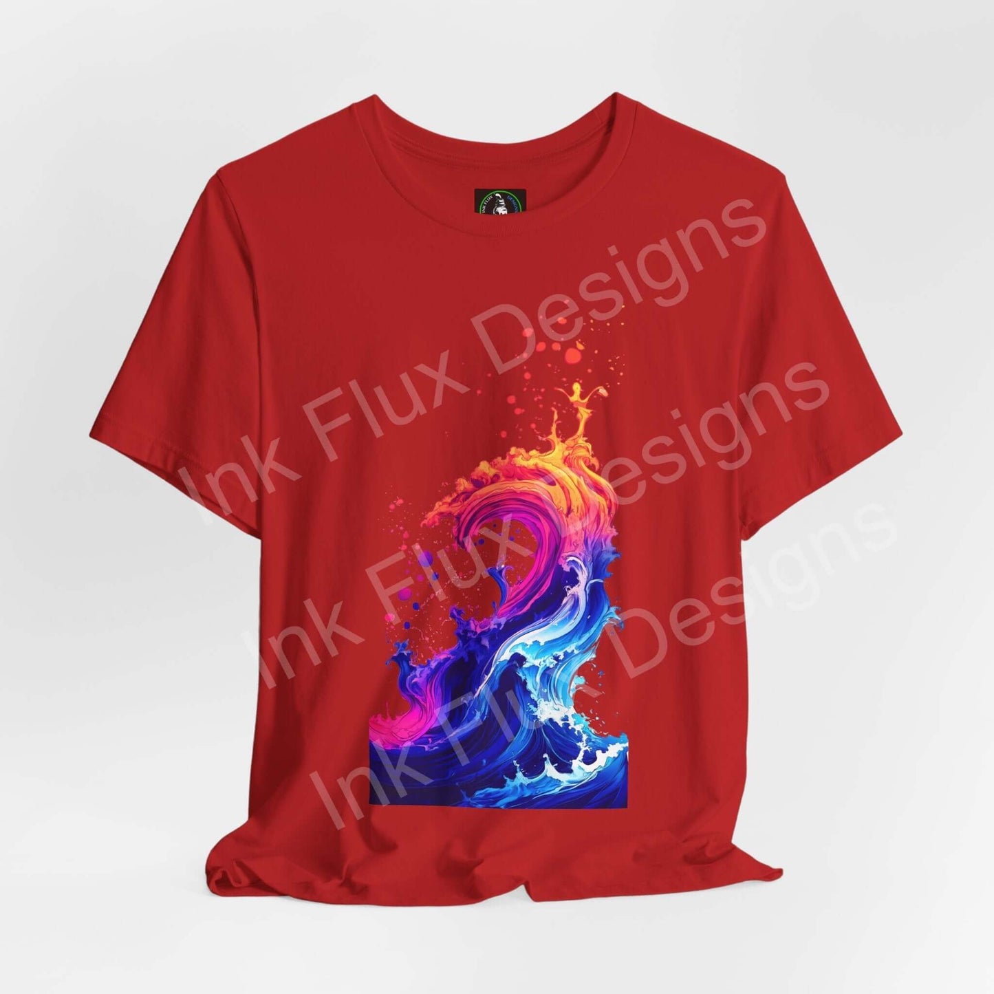 Vibrant red T-shirt featuring colorful wave artwork by Ink Flux Designs, perfect for casual style and comfort.