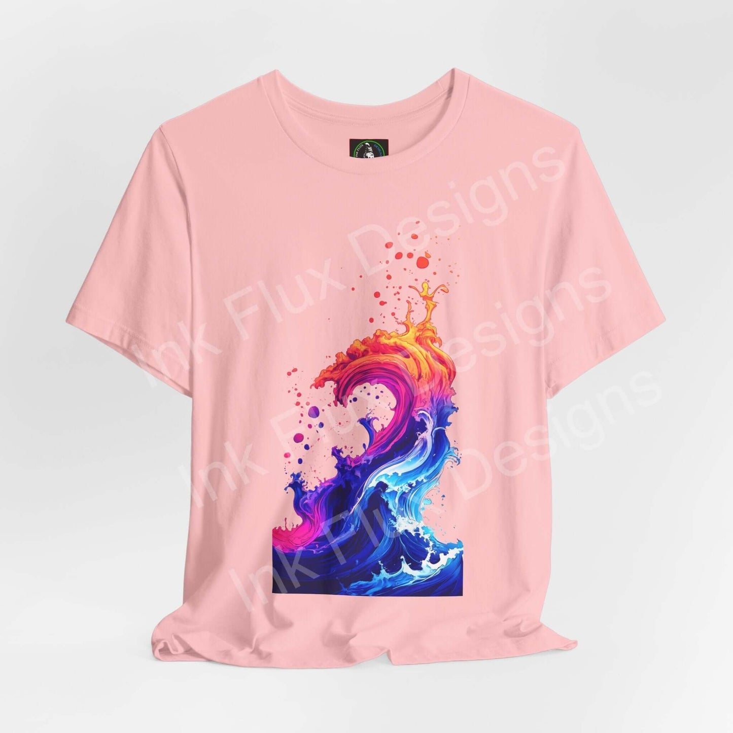 Liquid Heatwave unisex T-shirt by Ink Flux Designs featuring vibrant wave art on a pink background.