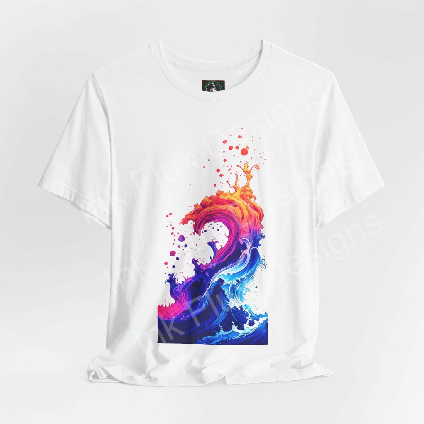 Liquid Heatwave unisex T-shirt featuring vibrant wave artwork by Ink Flux Designs, showcasing comfort and stylish design.