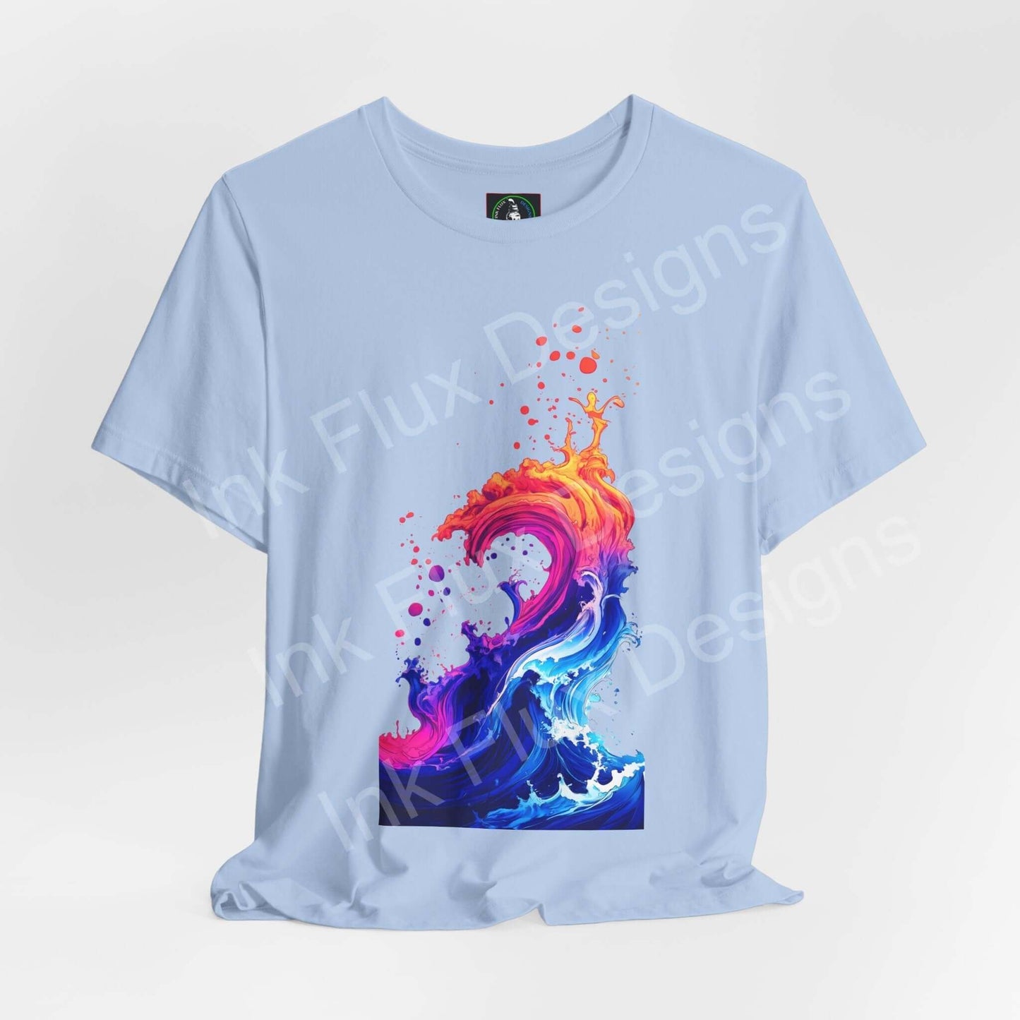 Liquid Heatwave unisex jersey T-shirt in sky blue featuring vibrant ink wave design by Ink Flux Designs.