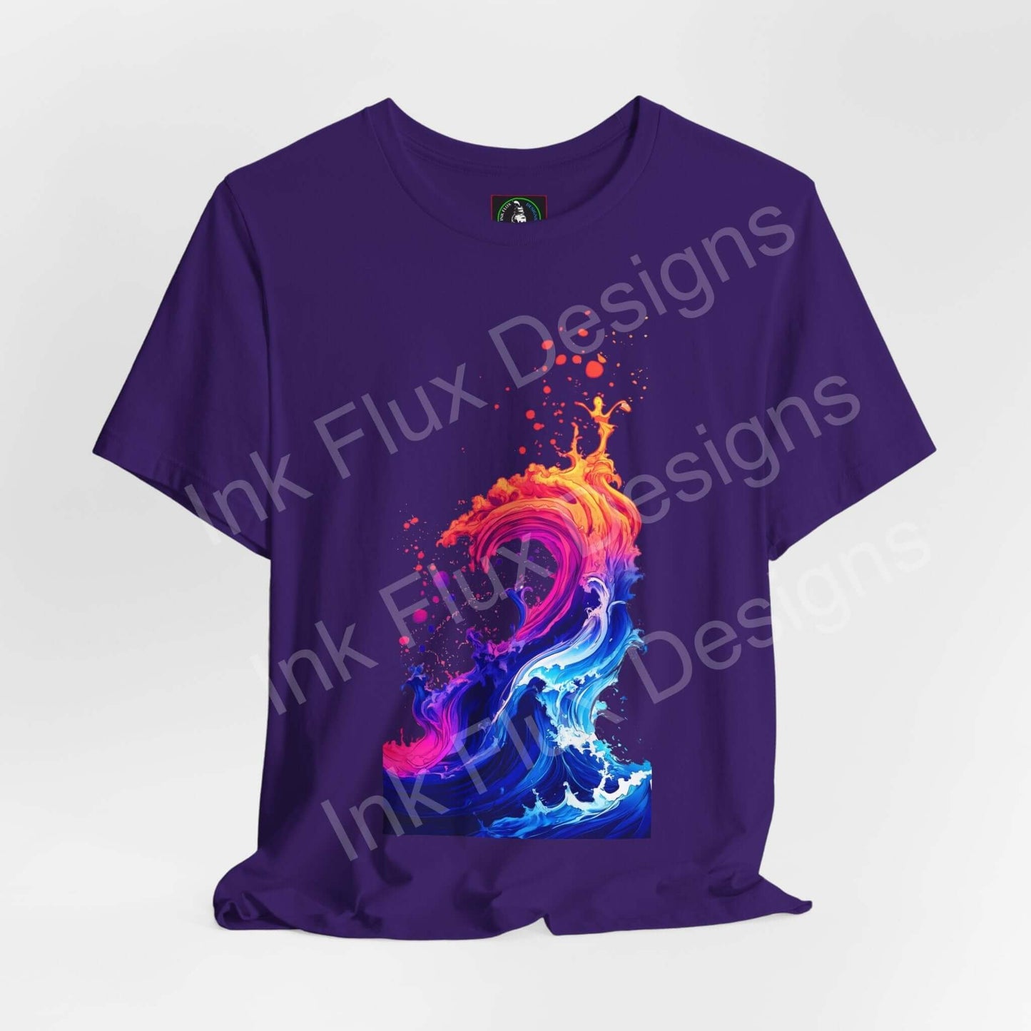 Liquid Heatwave unisex T-shirt by Ink Flux Designs with vibrant wave graphic on a purple background.