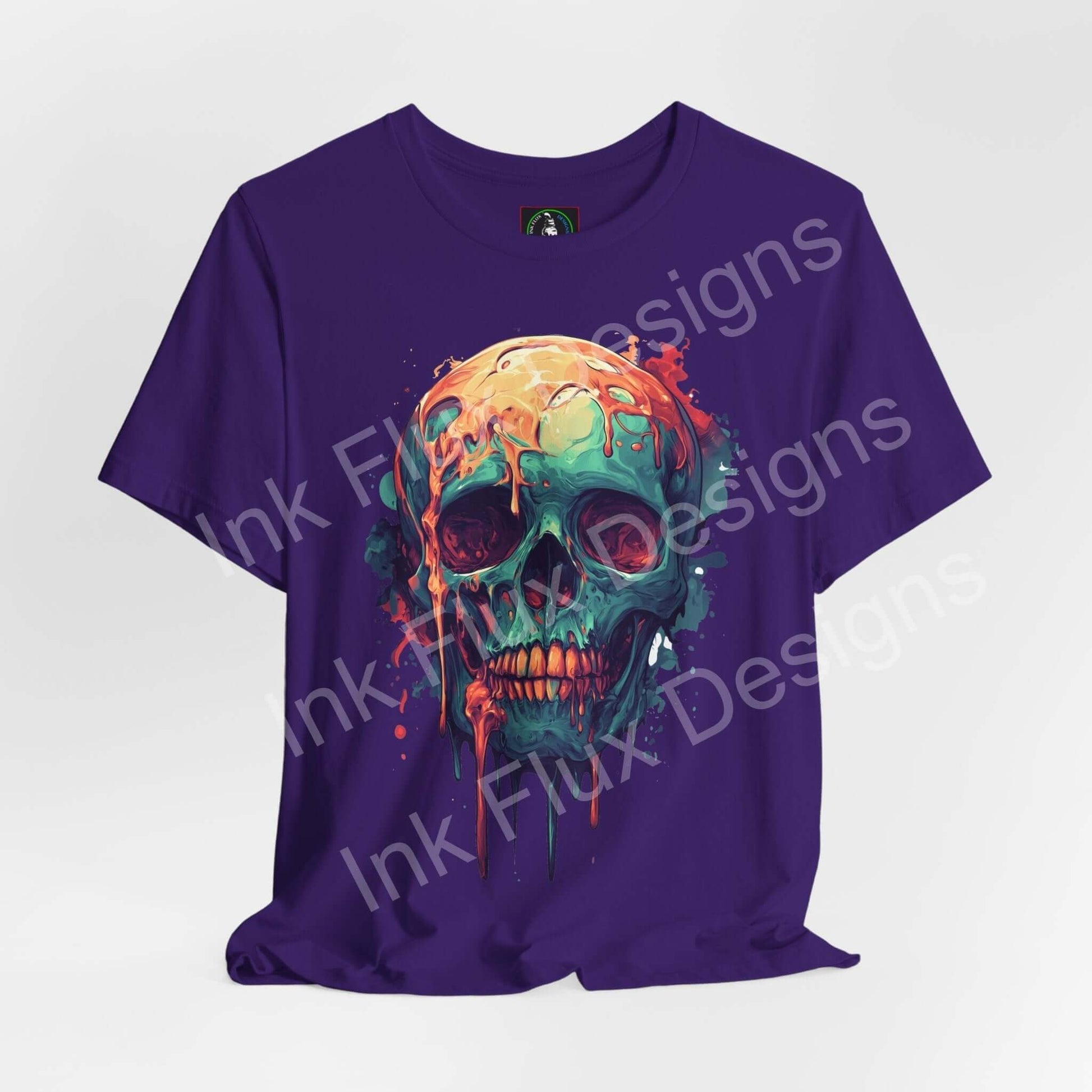 Melted skull t-shirt featuring abstract drip art by Ink Flux Designs on a purple unisex tee.