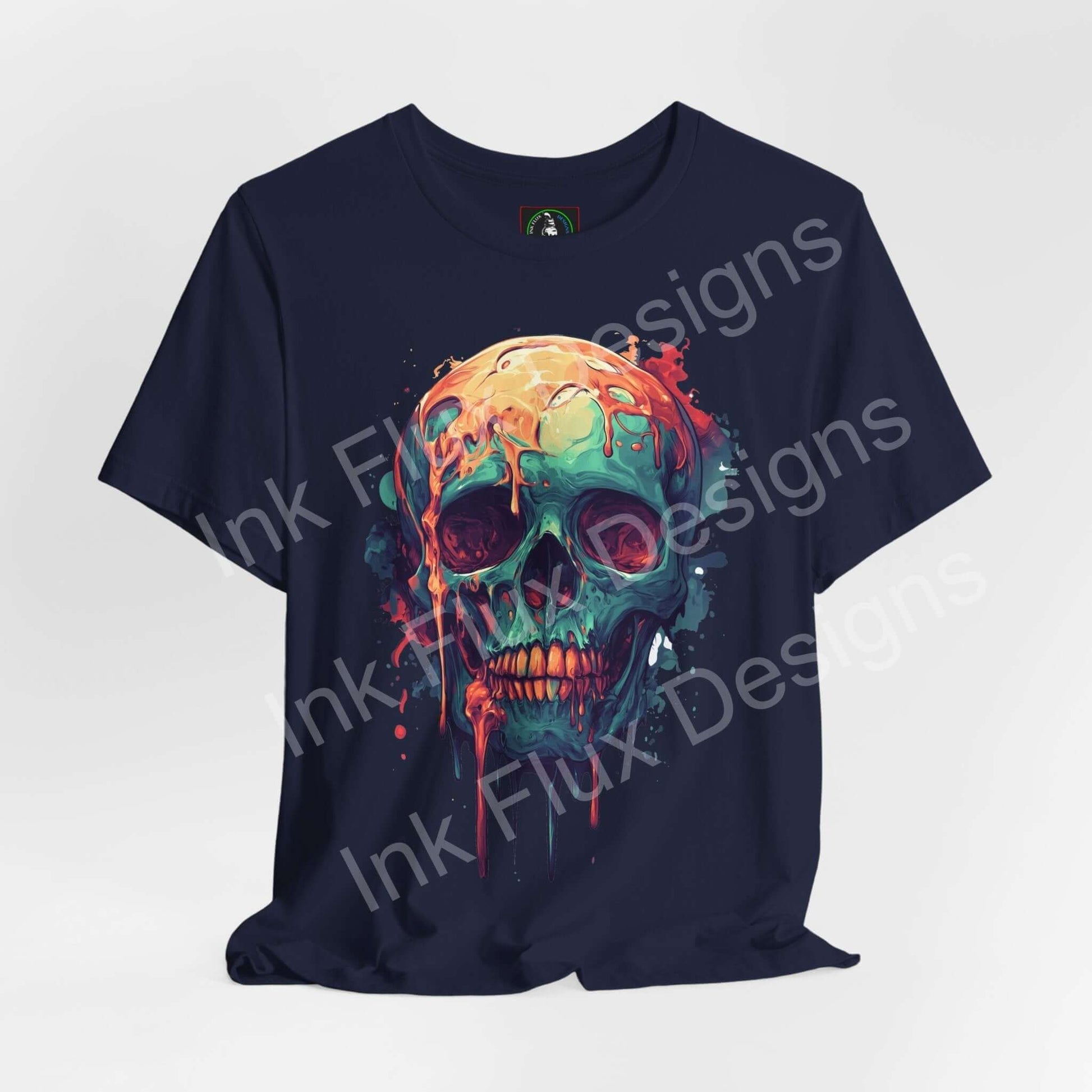 Melted skull t-shirt featuring abstract drip art graphic by Ink Flux Designs in vibrant colors.