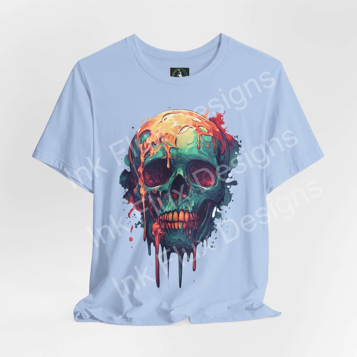 Melted skull t-shirt featuring surreal drip art graphic on a blue background by Ink Flux Designs.