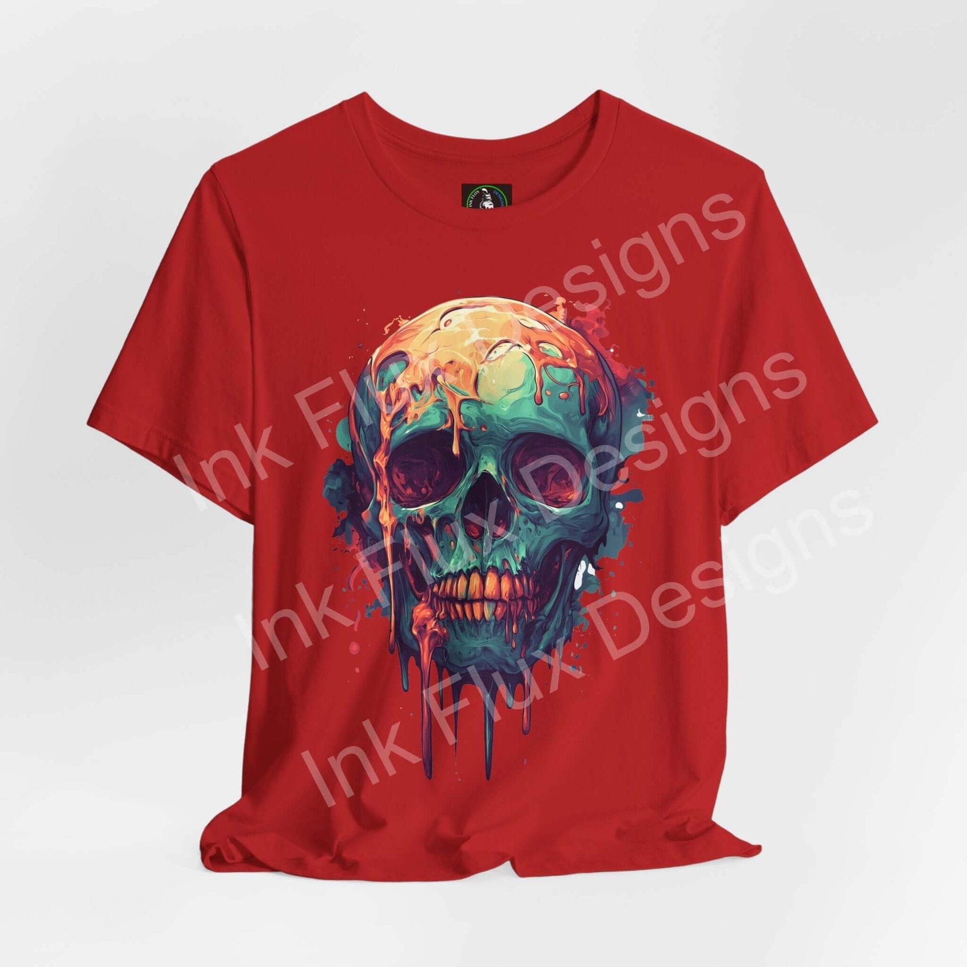 Melted skull t-shirt displayed on a red background featuring abstract drip art by Ink Flux Designs.