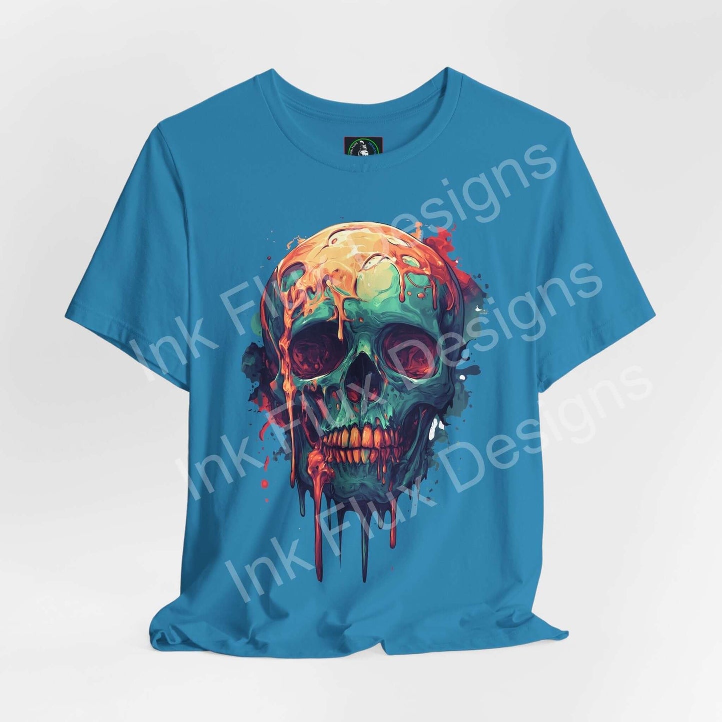 Melted Skull IV unisex T-shirt by Ink Flux Designs, featuring a vibrant skull graphic on a blue background.