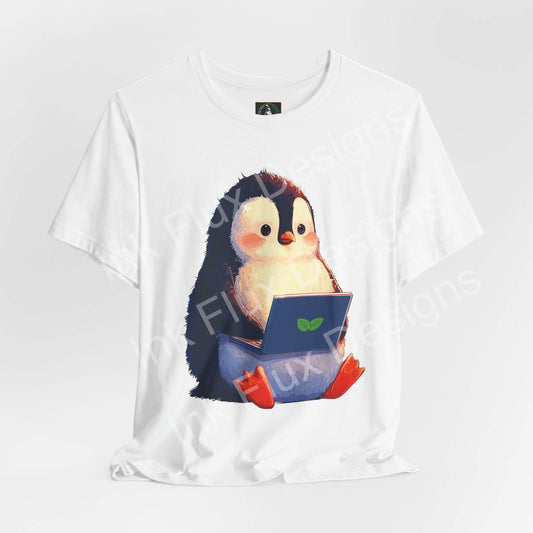 Minty Penguin Fun Graphic T-Shirt featuring an adorable penguin with a laptop design, perfect for casual wear.