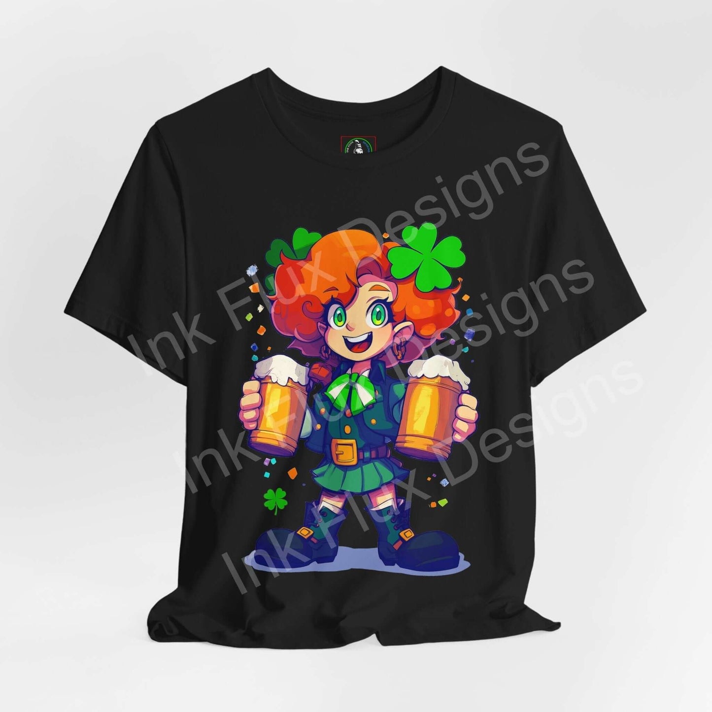Mischievous leprechaun lady graphic on black unisex jersey T-shirt, perfect blend of comfort and style.