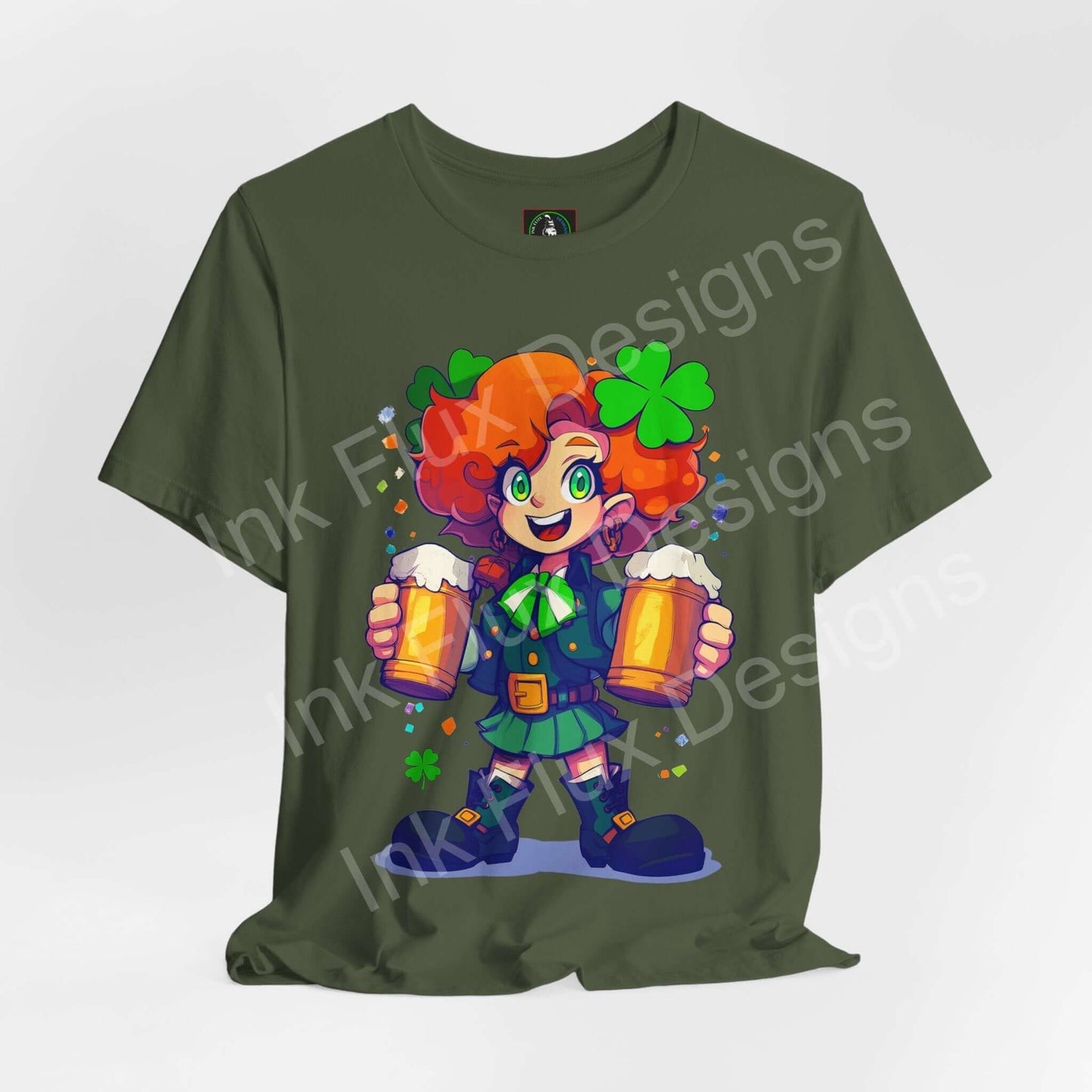 Mischievous leprechaun lady t-shirt design featuring colorful character holding beers on a green background.