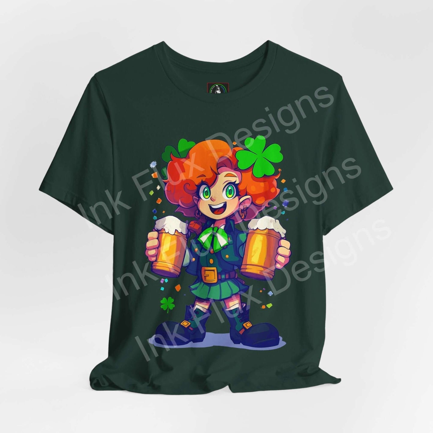 Mischievous leprechaun lady graphic on dark green unisex T-shirt with beers and shamrock accents.