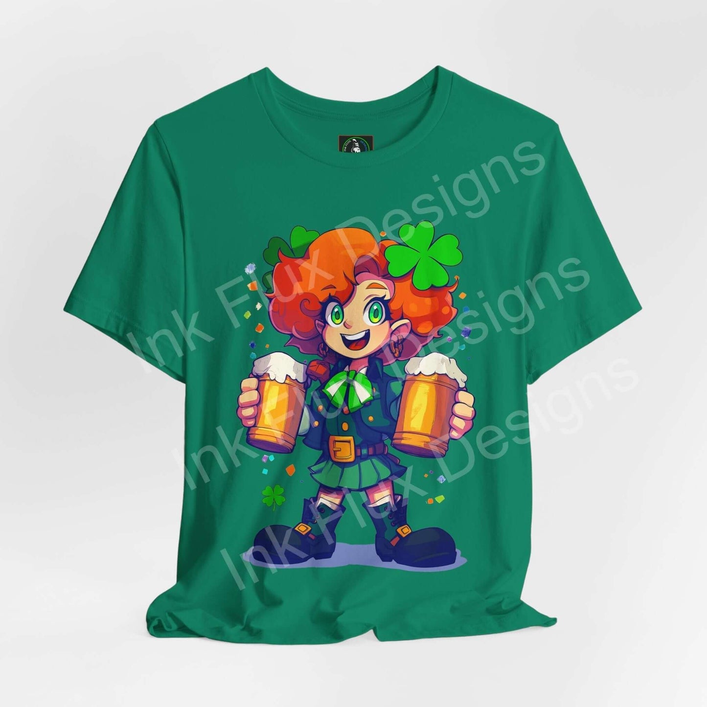 Mischievous leprechaun lady T-shirt in green, featuring playful character with beers and shamrock design.