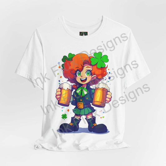 st patricks day leprechaun t-shirt featuring a cheerful leprechaun lady holding beers and surrounded by clovers.