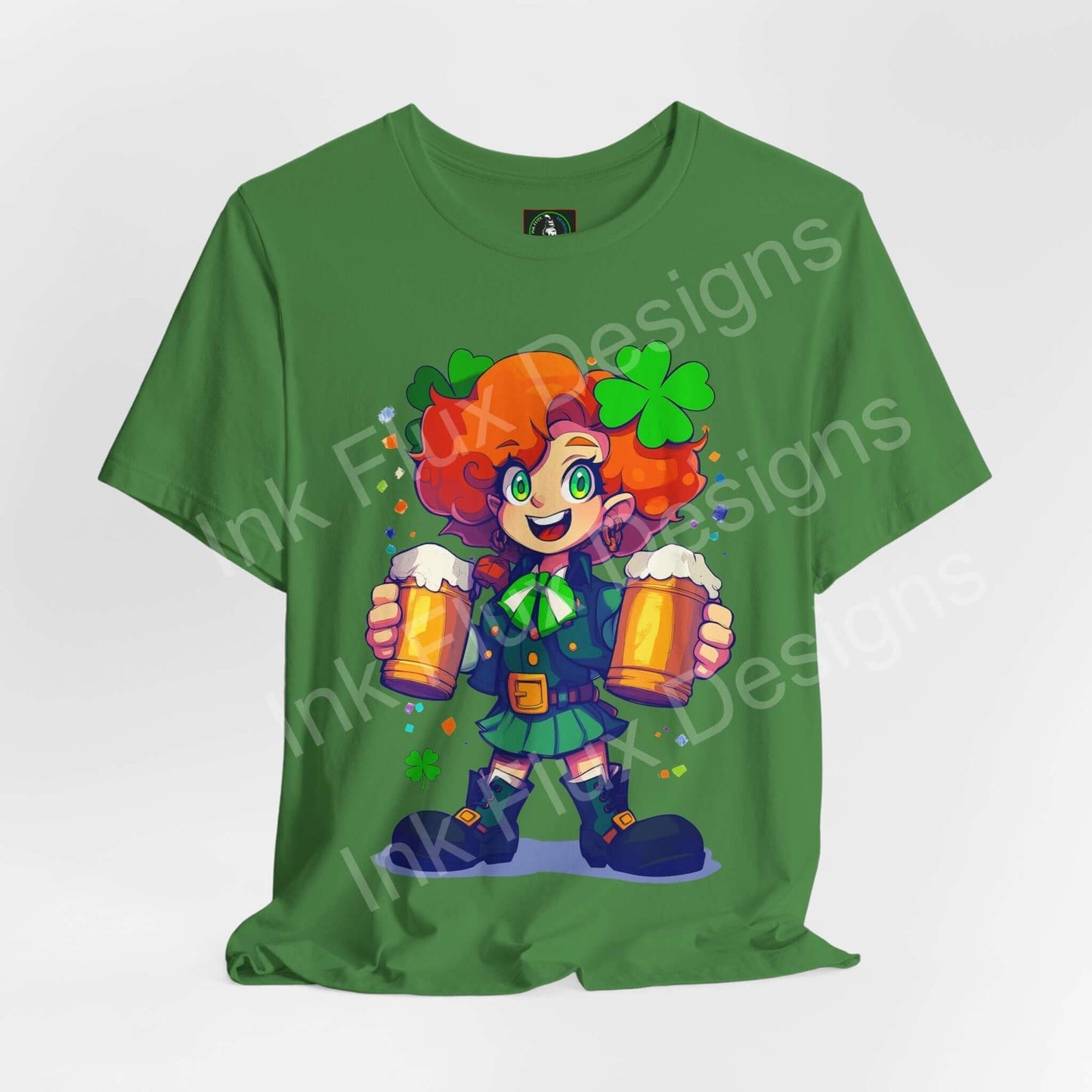 Mischievous leprechaun lady T-shirt featuring a playful character holding two pints, crafted from breathable cotton.