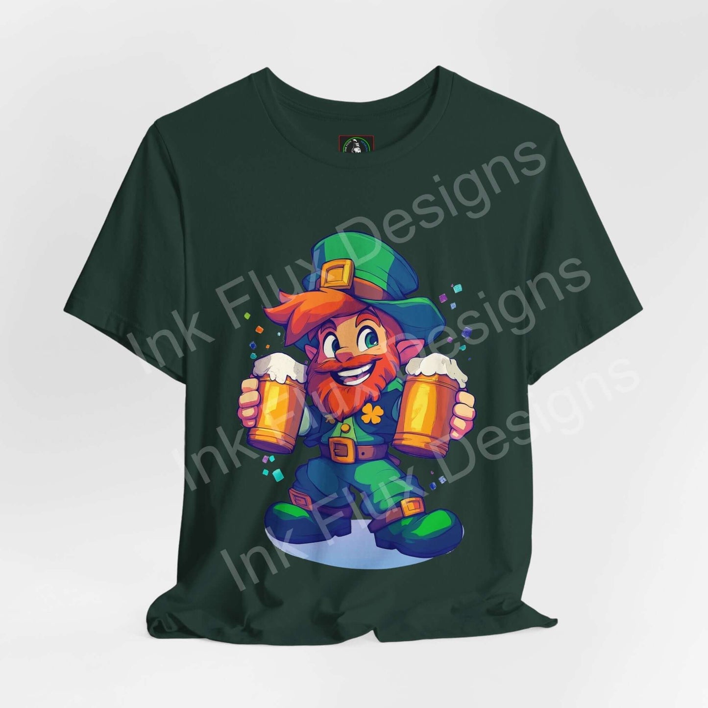 Colorful mischievous leprechaun graphic on a green unisex T-shirt, perfect for festive occasions.