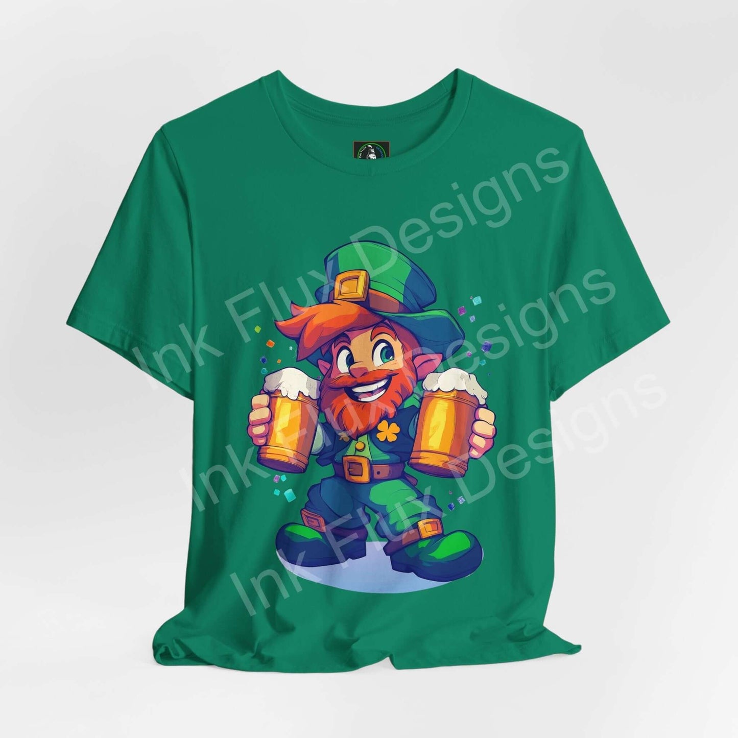 Mischievous leprechaun graphic on green unisex T-shirt with two beers, showcasing comfort and style.