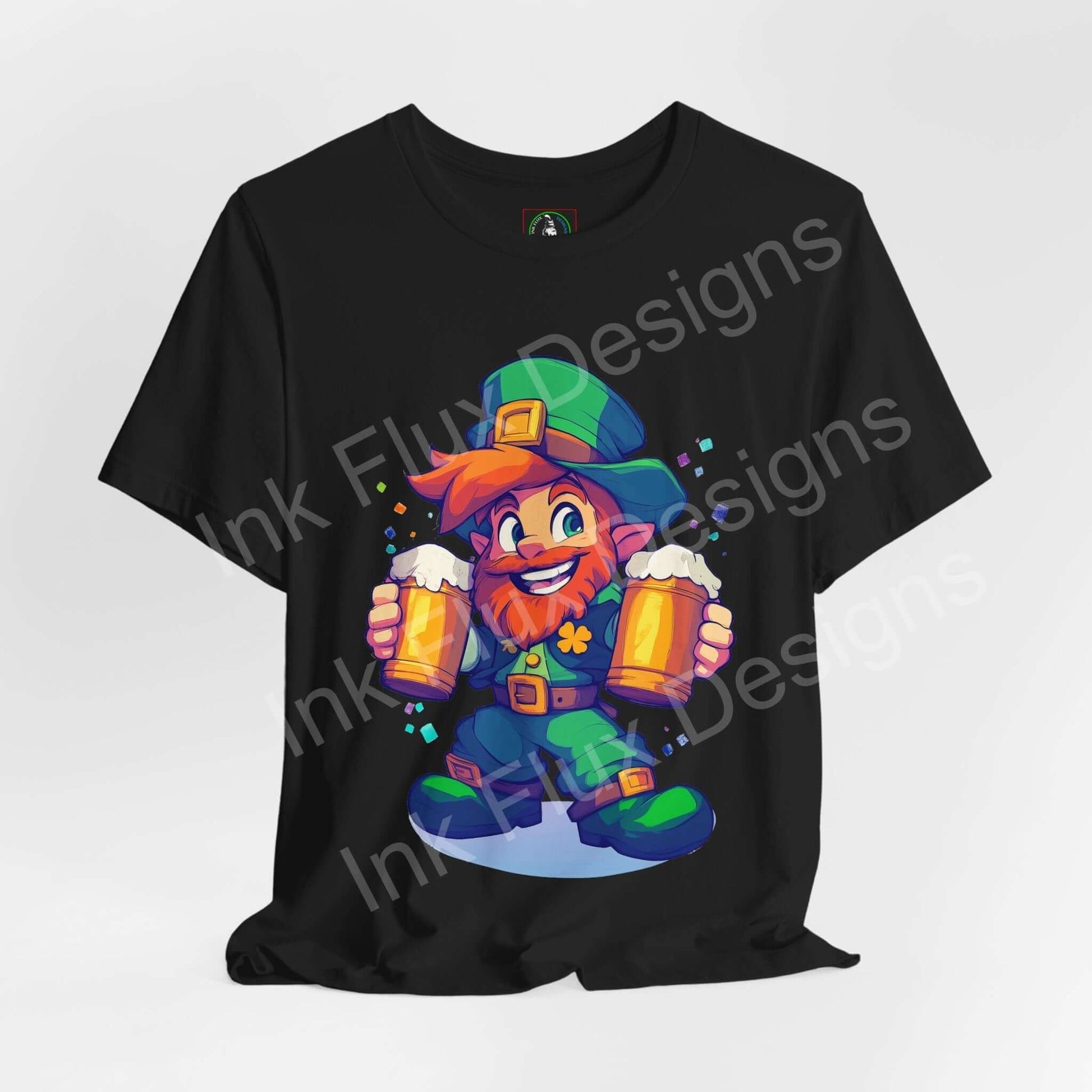 st patricks day leprechaun t-shirt featuring a cheerful leprechaun holding beer mugs by Ink Flux Designs.
