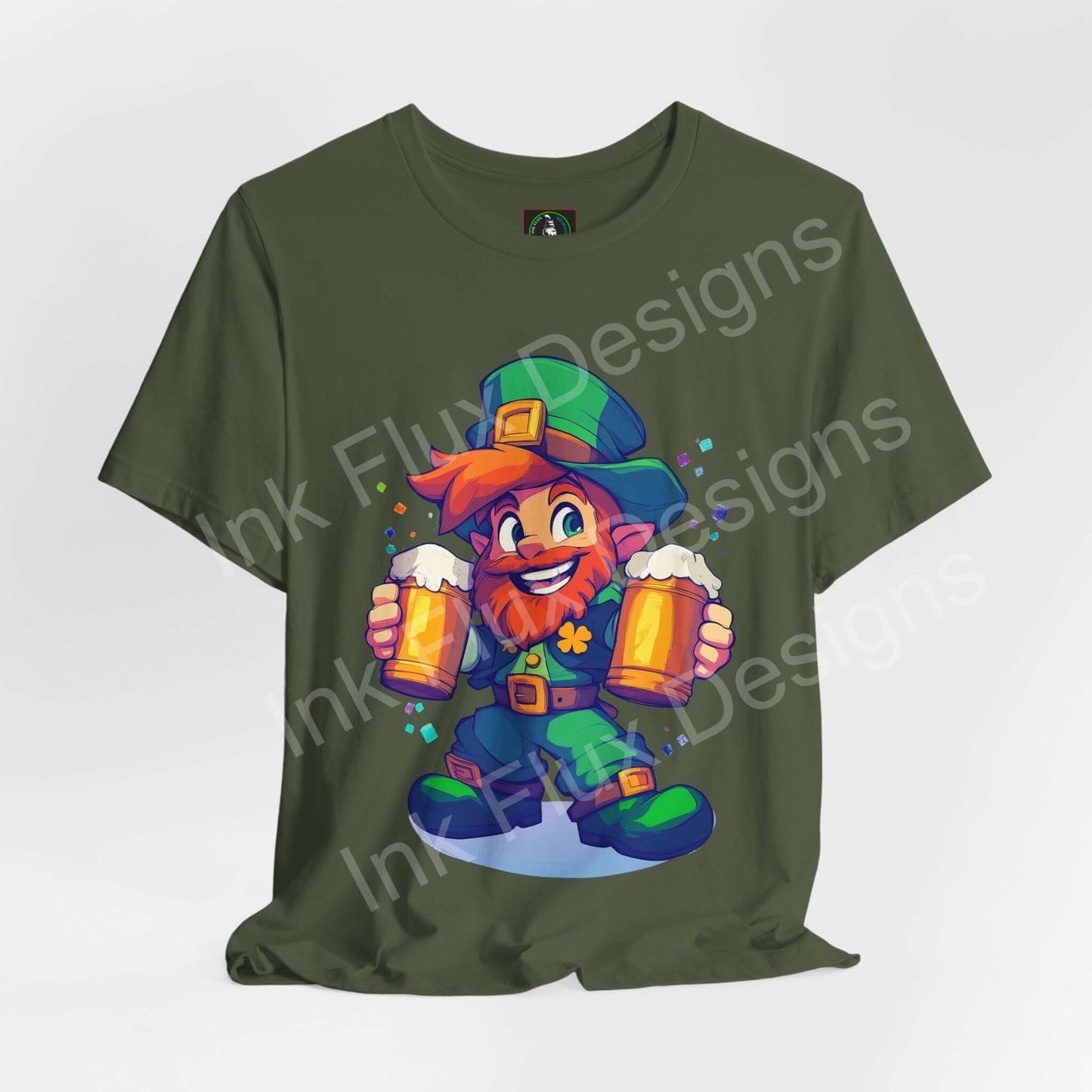 Mischievous leprechaun T-shirt design featuring a playful character holding two beers on an olive green background.