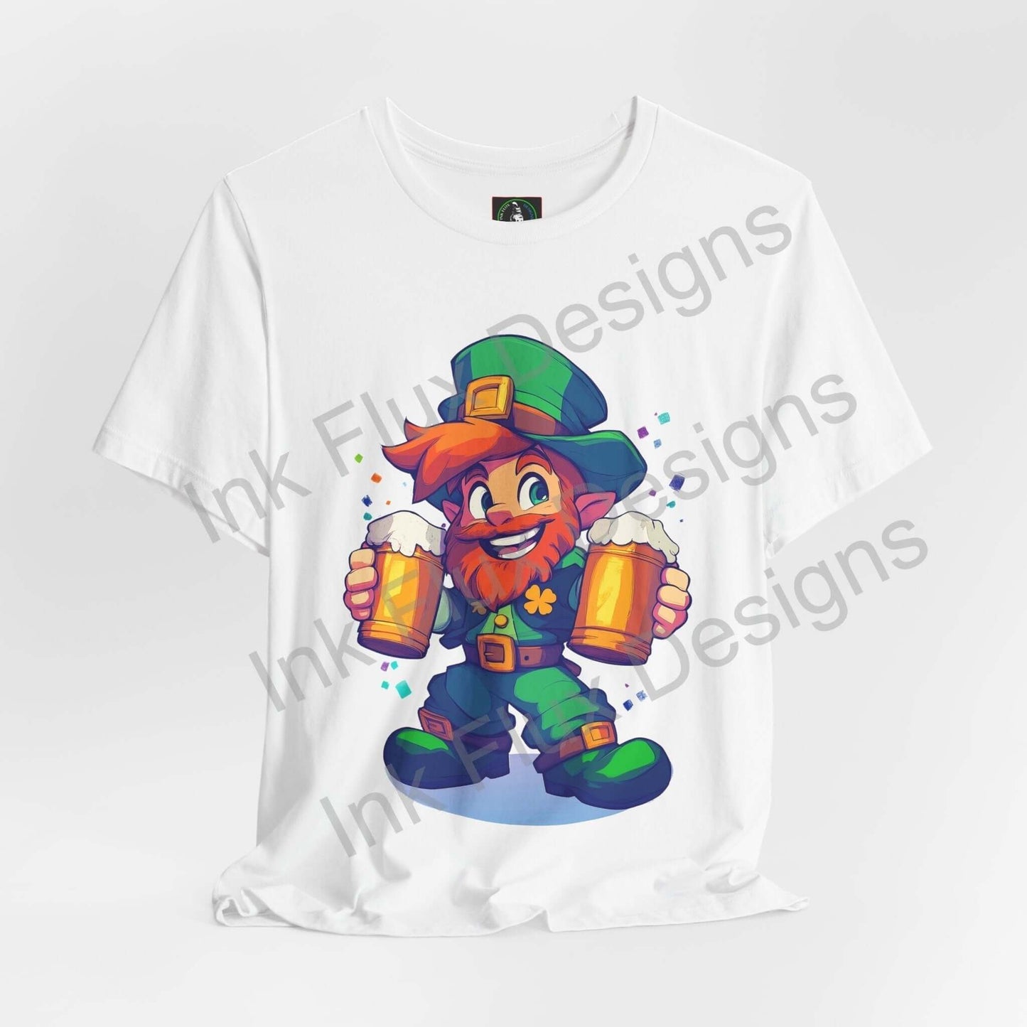 Mischievous leprechaun graphic on a unisex white T-shirt, featuring vibrant colors and holding two beers.