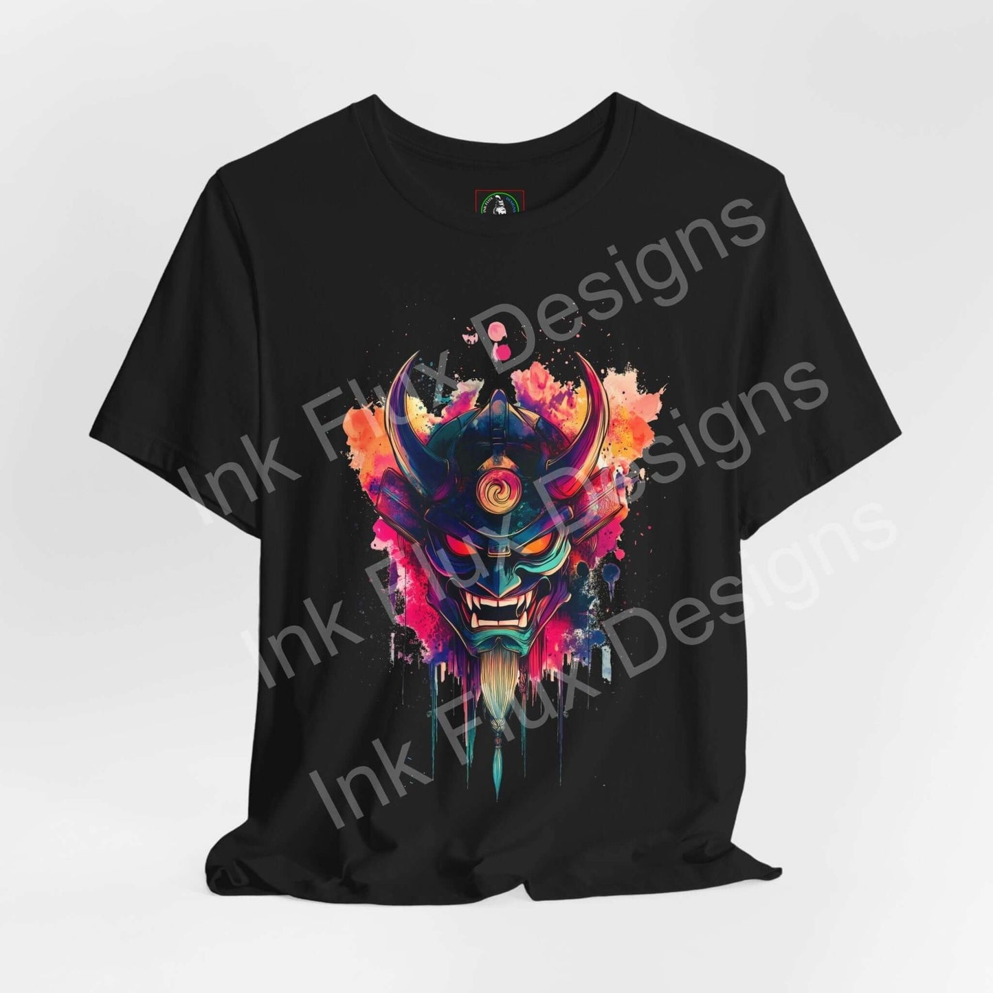 Oni mask graphic on a black T-shirt by Ink Flux Designs, unisex jersey tee with vibrant colors and quality print.