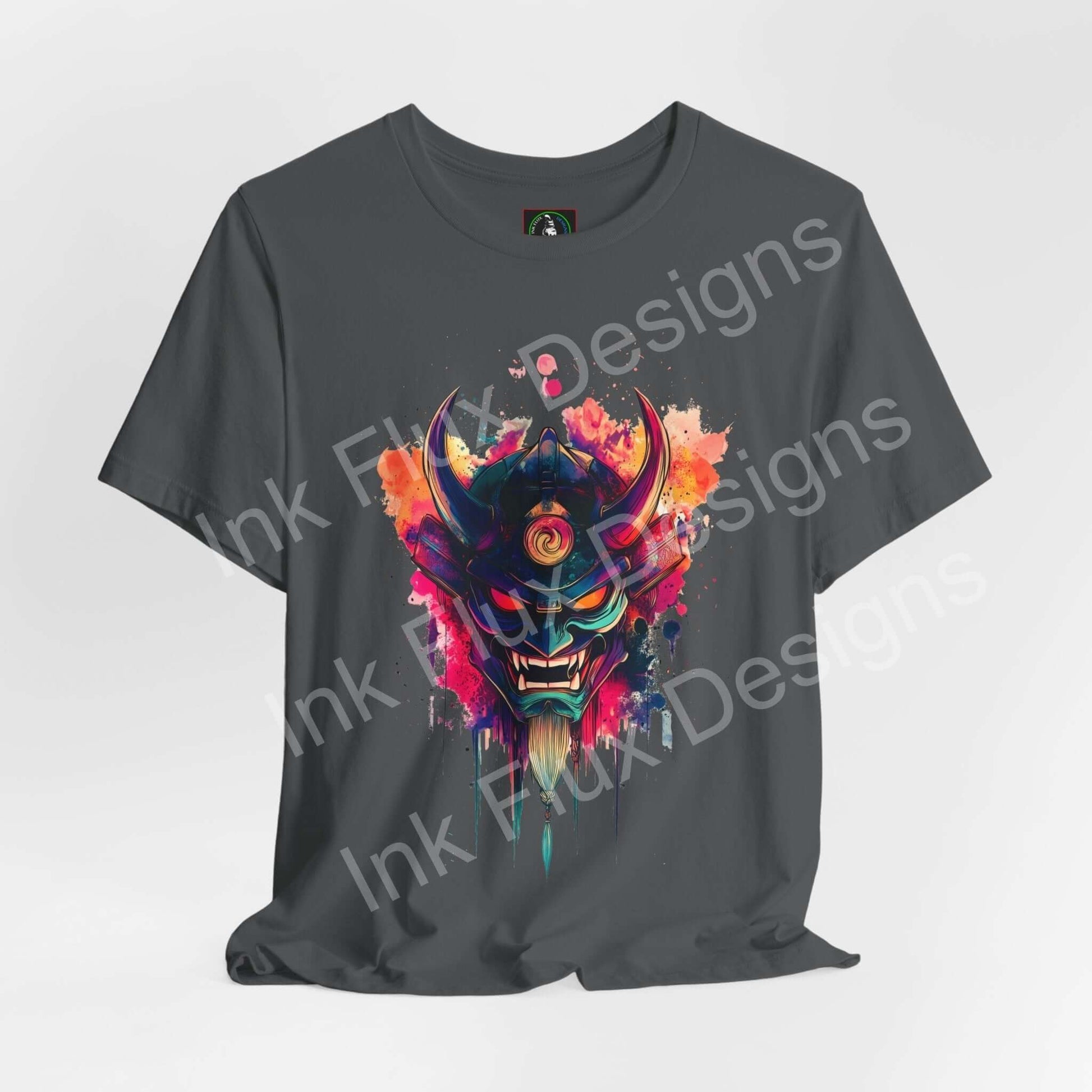 Oni Mask T-Shirt featuring a vibrant Japanese demon design with bold colors on a gray cotton tee.