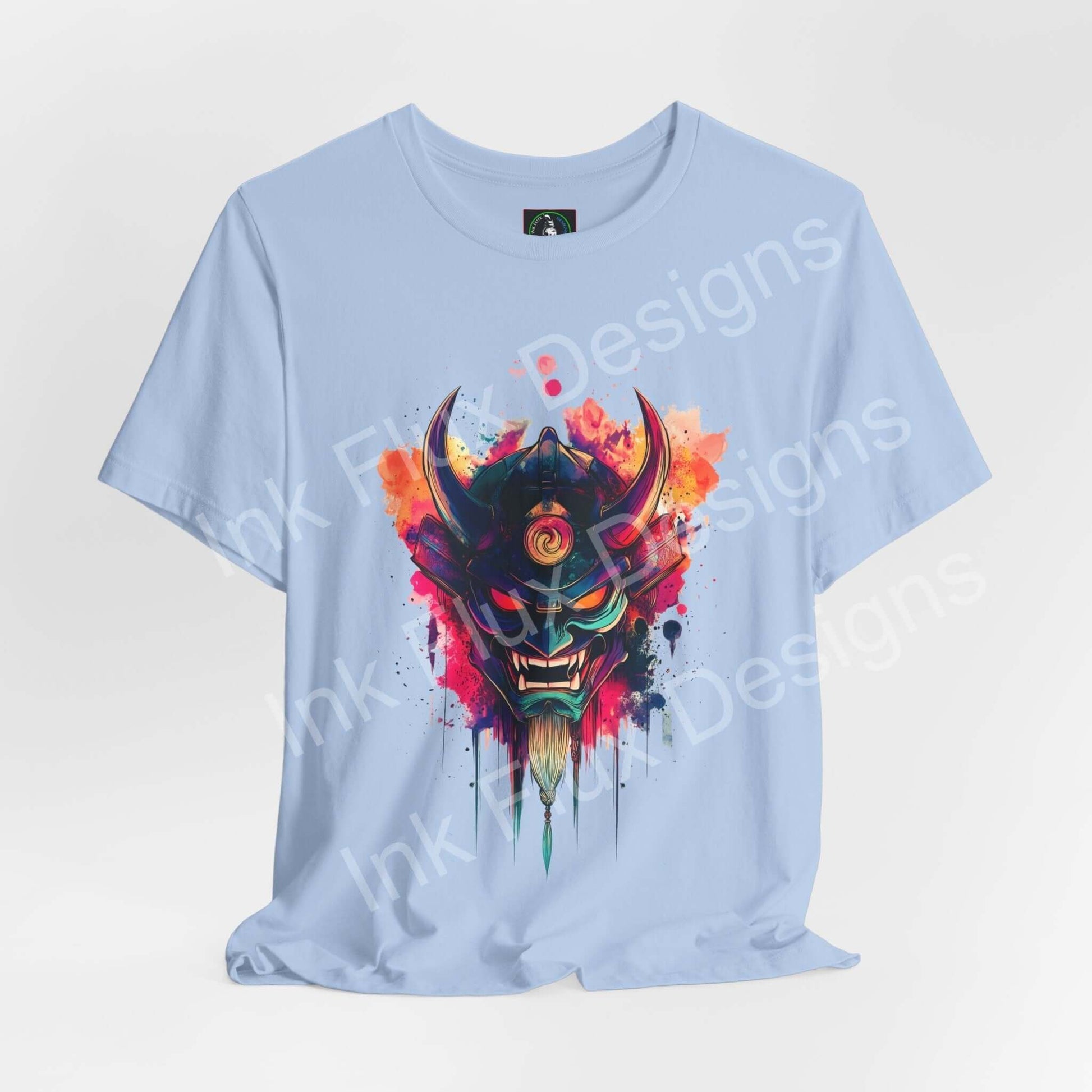Oni Mask T-Shirt – Bold Japanese Demon Design on a light blue shirt with vibrant colors and artistic details.