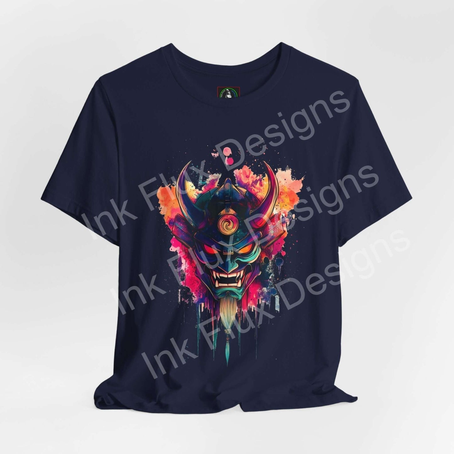 Oni Mask T-shirt by Ink Flux Designs featuring vibrant colors on a navy background, crafted from soft 100% cotton.
