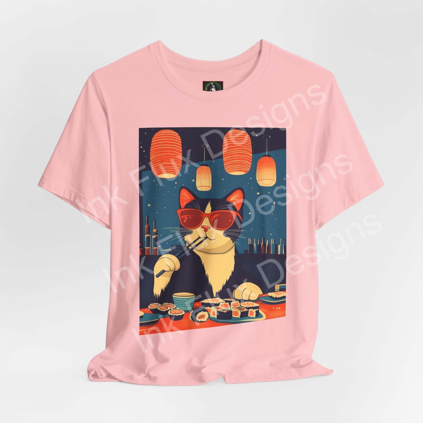 Tuna Dreams T-Shirt featuring a stylish cat in sunglasses surrounded by sushi and lanterns by Ink Flux Designs