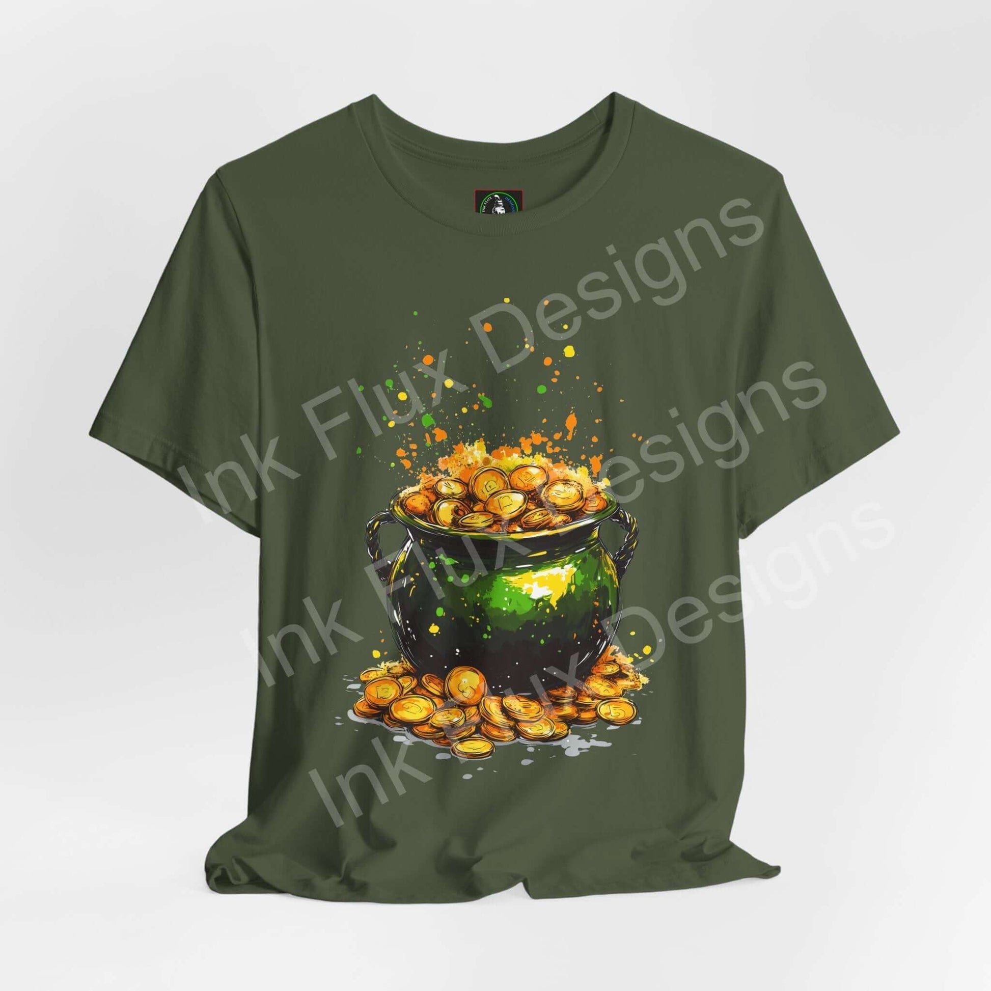 st patricks day pot of gold t-shirt featuring a graphic of a pot overflowing with gold coins on a green tee.