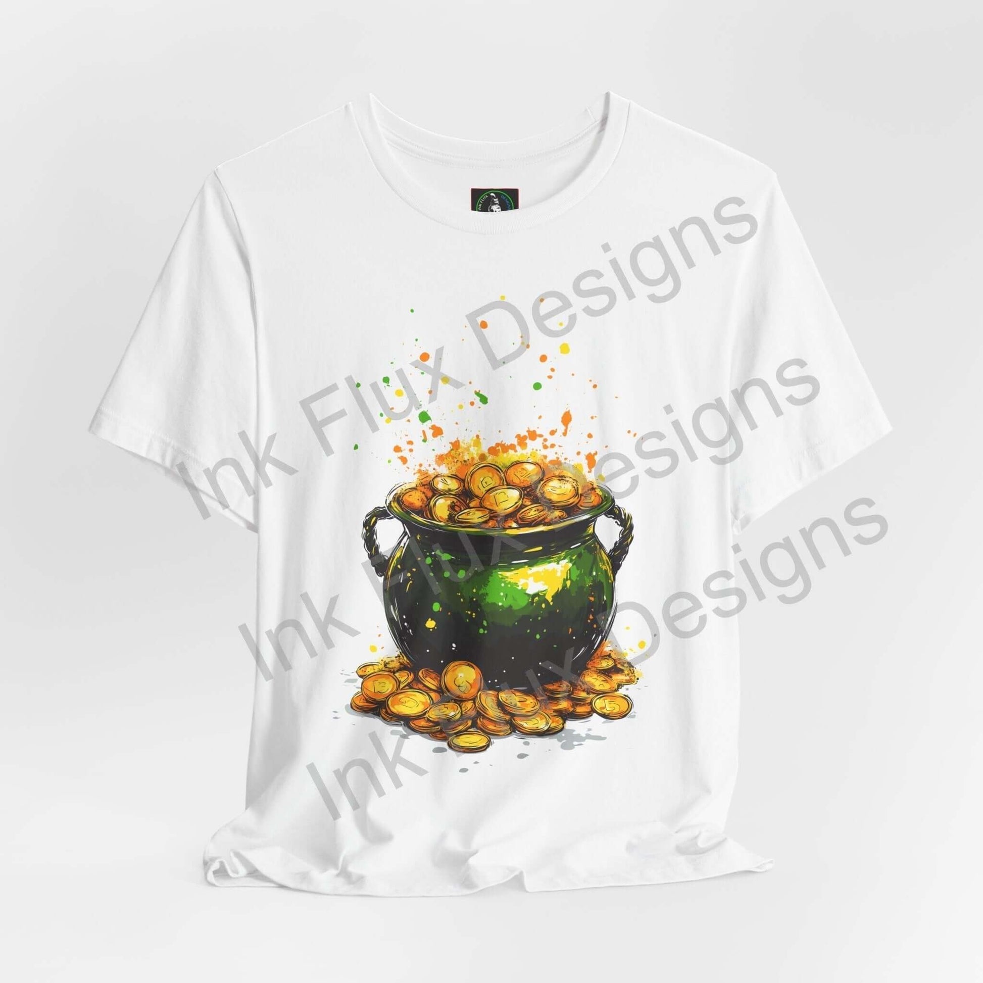 st patricks day pot of gold t-shirt featuring a colorful graphic of a pot overflowing with gold coins by Ink Flux Designs