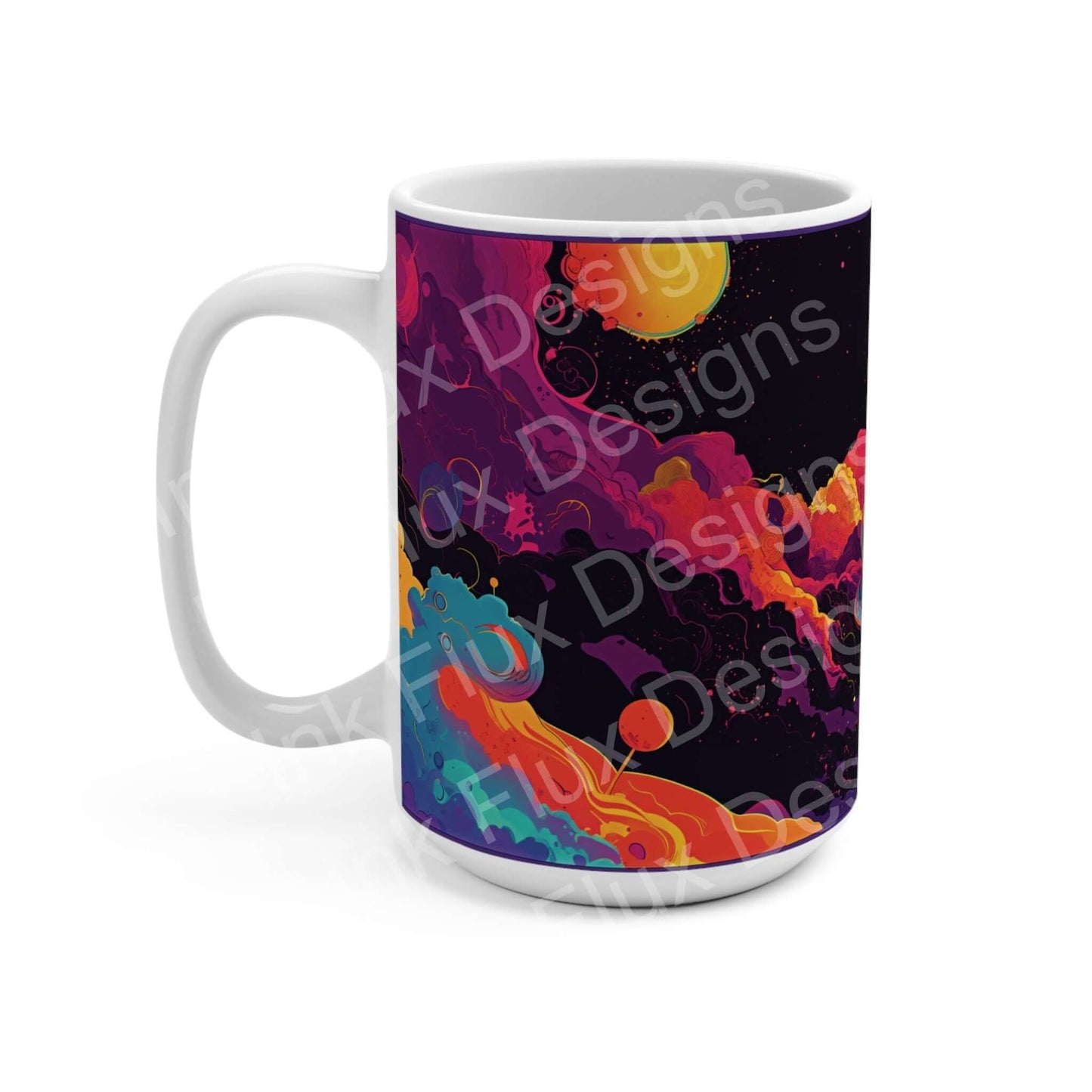 Psychedelic Coffee Mug featuring vibrant cosmic art with swirling colors and celestial elements in 15oz size.