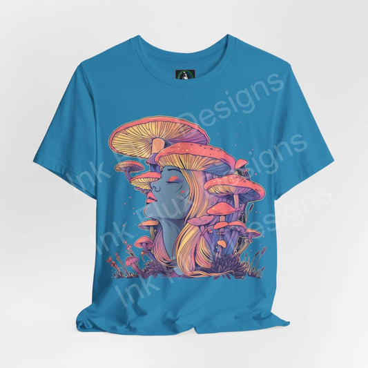 Trippy blue T-shirt featuring bold psychedelic mushroom graphics with vibrant colors, perfect for graphic tee lovers.