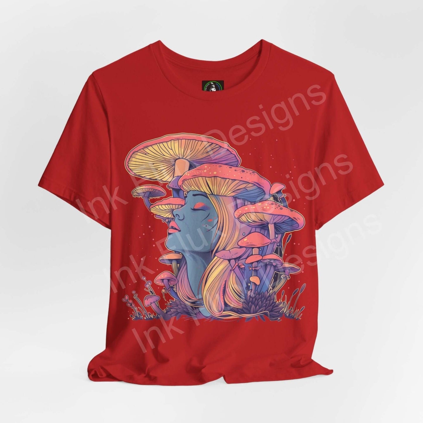 Red unisex jersey tee featuring bold psychedelic mushroom graphic design, crafted for style and comfort.