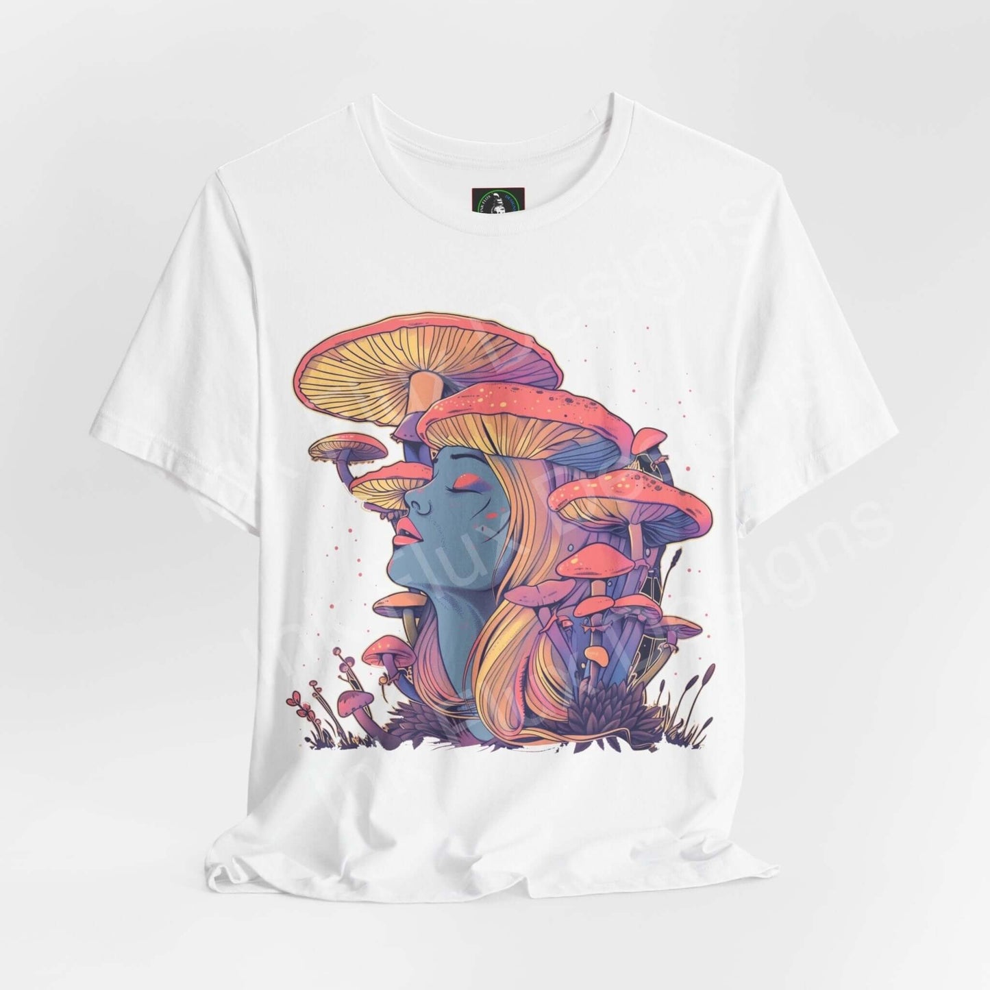 Unisex white jersey T-shirt featuring a trippy, colorful psychedelic mushroom graphic design, offering a blend of style and comfort.