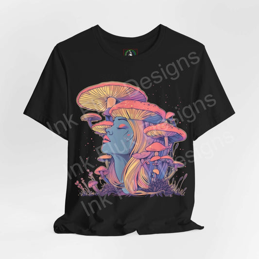 Unisex black T-shirt featuring a psychedelic mushroom and face graphic design in vibrant colors, perfect as a trippy, bold graphic tee.